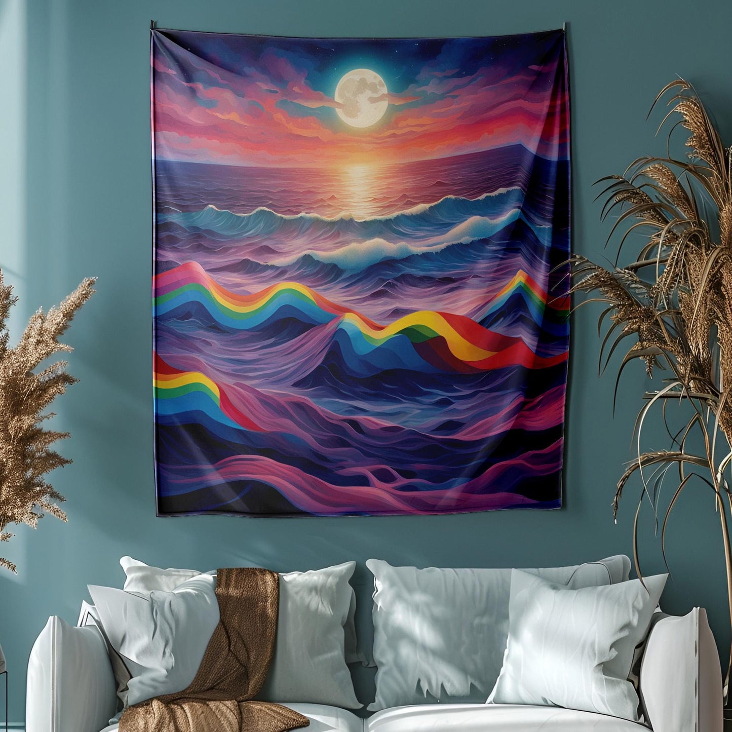 Surreal Rainbow Ocean Tapestry - LGBT Pride Wall Hanging - Dreamy Moonlit Sea Waves - Colorful Aesthetic Room Decor - LGBT Gift