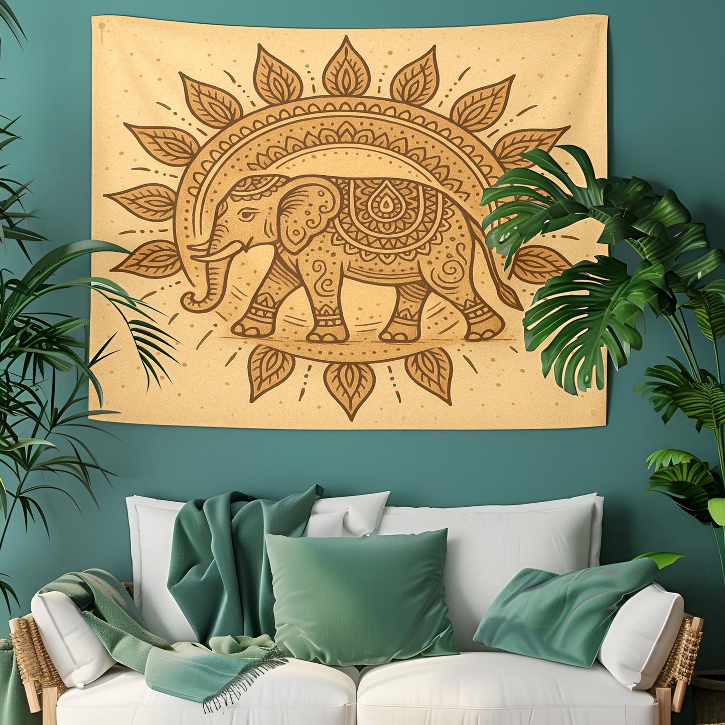 Boho Elephant Tapestry Wall Hanging โ Beige Mandala-Style Elephant Decor for Bedroom, Living Room, or Meditation Space