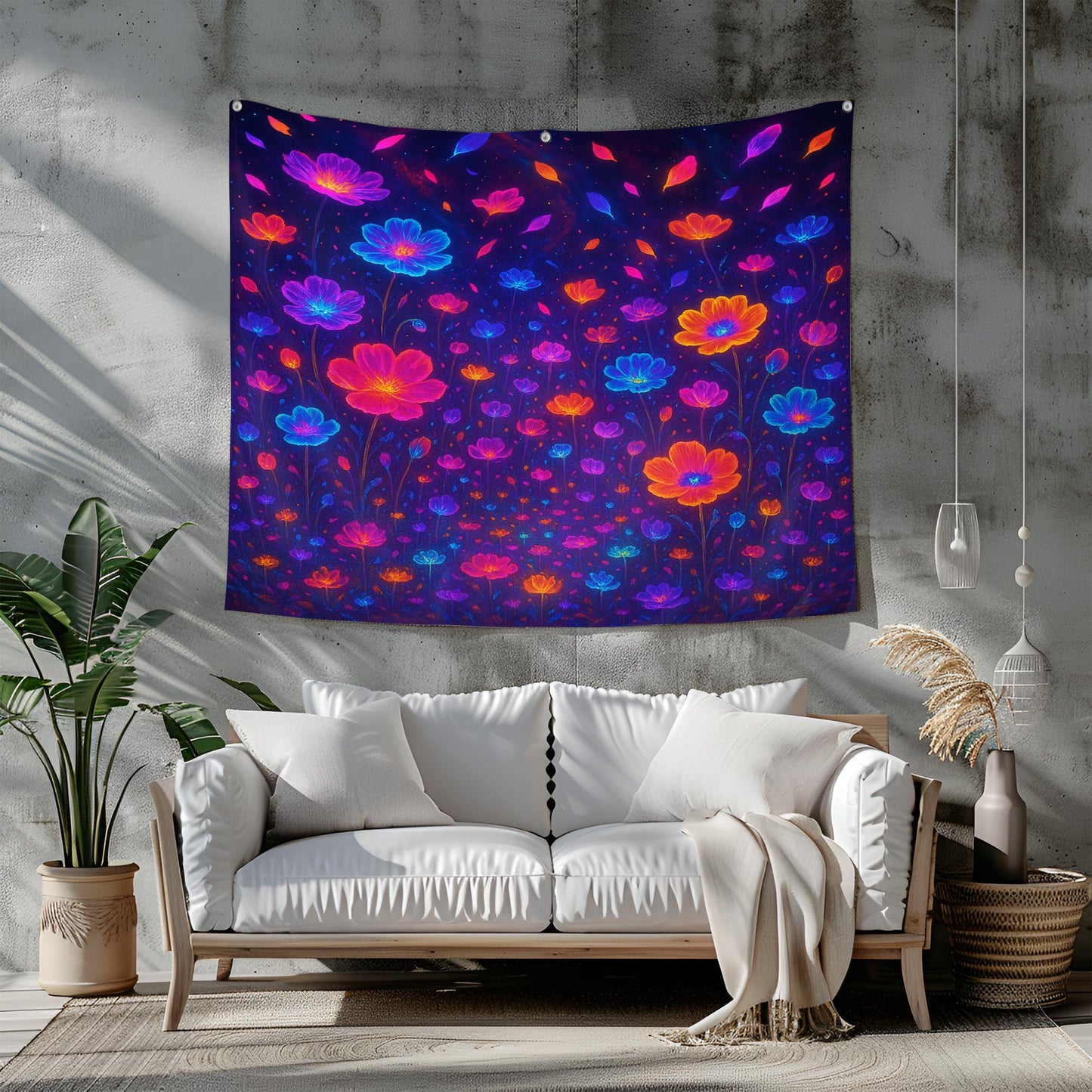 Surreal Bioluminescent Flower Field Tapestry, Psychedelic Fantasy Wall Art, Glowing Neon Petals, Dreamy Decor, Gift For Her Or Him