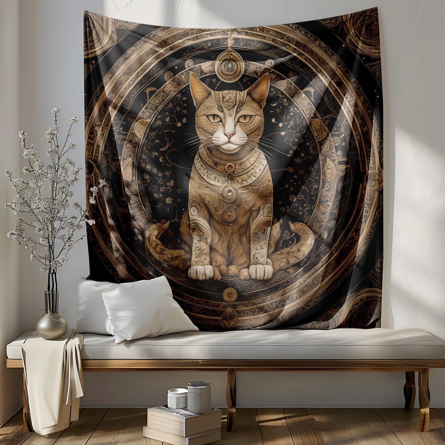Mystical Mandala Cat Tapestry - Third Eye Feline Wall Hanging - Celestial Astrology Decor - Boho Witchy Art - Spiritual Meditation Tapestry