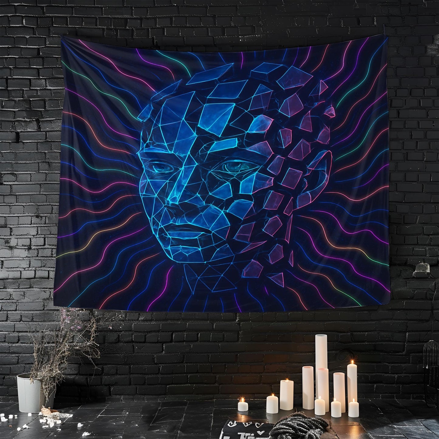 Fractured Face Psychedelic Tapestry Wall Art, Trippy Neon Head Wall Hanging, Futuristic Room Decor Gift For Him Or Her, Dorm Aesthetic
