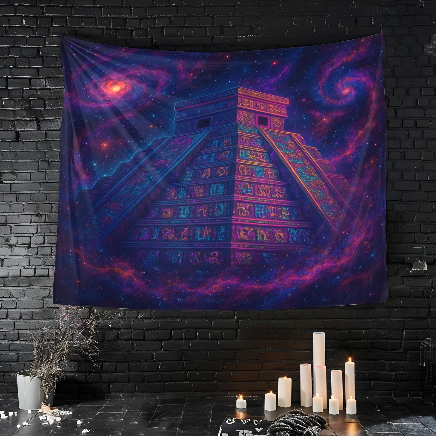 Ancient Space Temple Tapestry, Neon Hieroglyph Wall Art With Galaxies And Cosmic Dust, Trippy Psychedelic Decor, Gift For Him Or Her