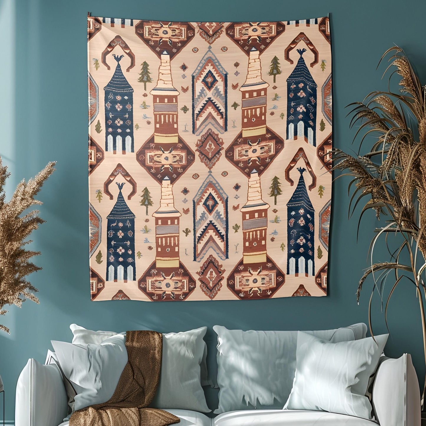 Cappadocia Turkish Tapestry, Fairy Chimneys Wall Hanging, Anatolian Rug Pattern Decor, Dusty Rose Terracotta Deep Blue Art