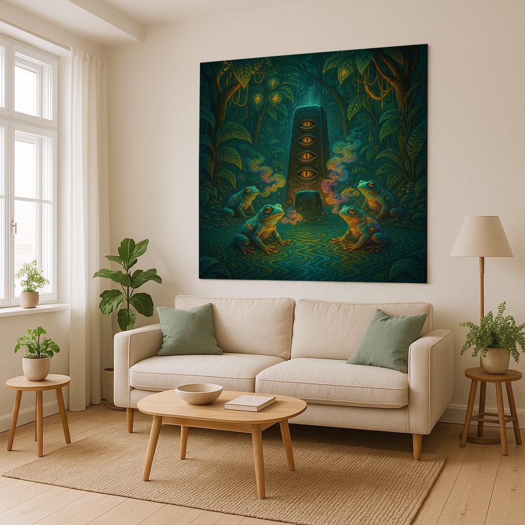 Psychedelic Frog Tapestry – Visionary Jungle Wall Art, Trippy Eye Monolith Decor, Shamanic Nature Scene, Spiritual Animal Print
