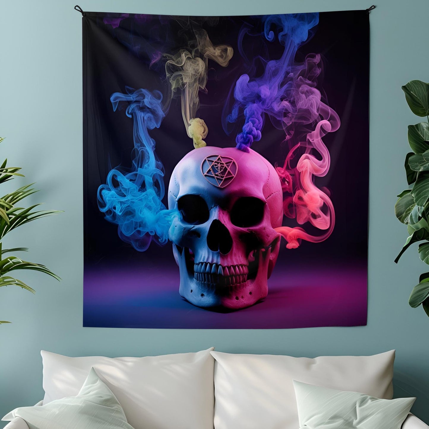Mystical Skull Tapestry, Neon Smoke & Sacred Symbols, Dark Surreal Wall Art, Hyper-Detailed Psychedelic Decor, Trippy Wall Decoration