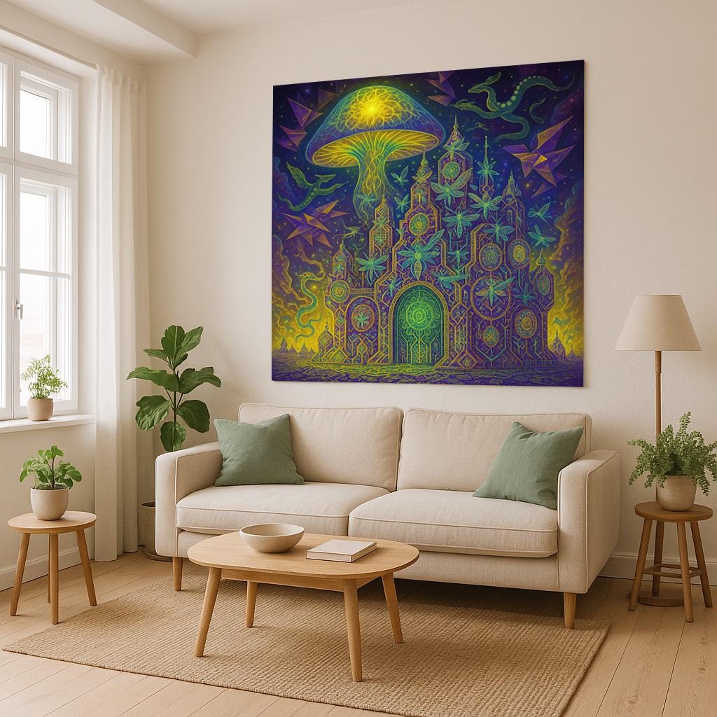Psychedelic Tapestry – Trippy Alien Temple Wall Art, Geometric Space Decor, Vibrant Mushroom UFO Scene, Spiritual Boho Wall Hanging