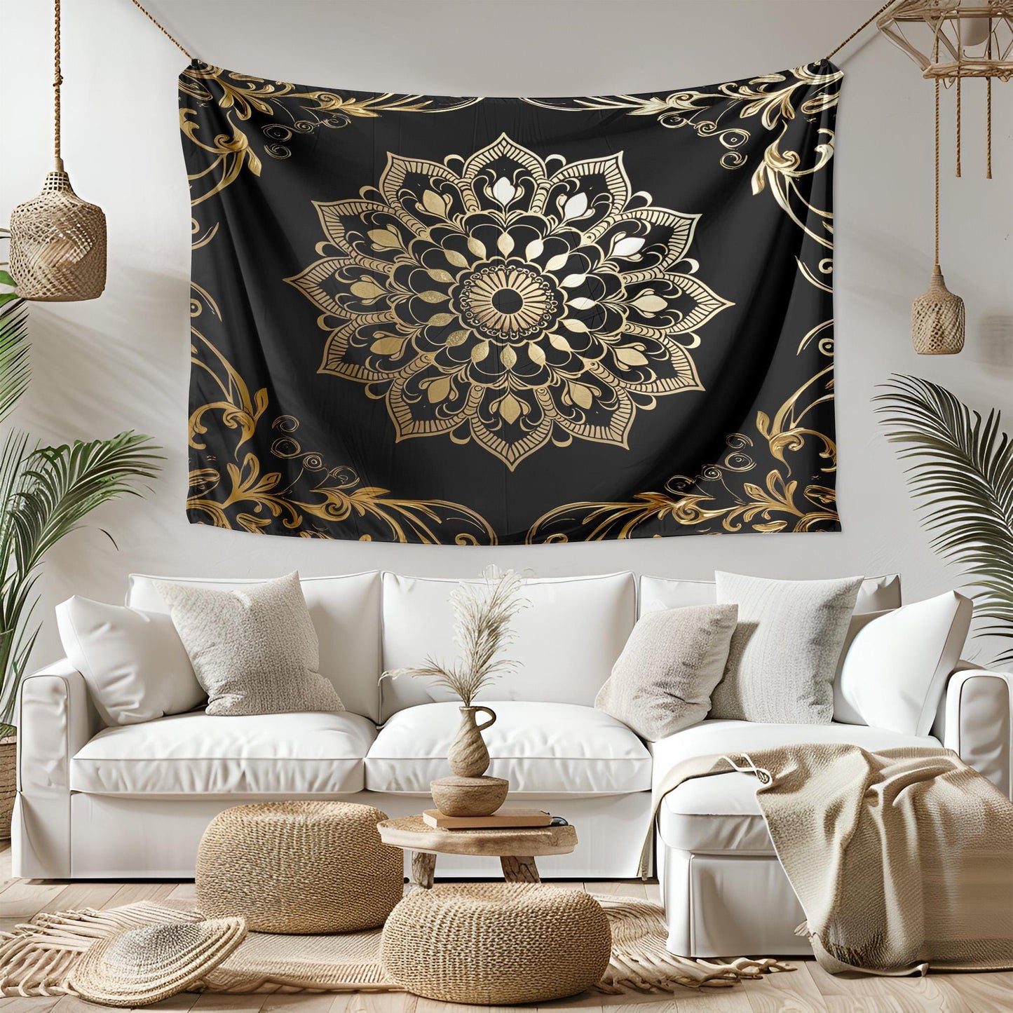 Black Gold Mandala Tapestry, Luxurious Metallic Wall Hanging, Elegant Boho Decor, Intricate Swirling Design Art, Luxurious Mandala