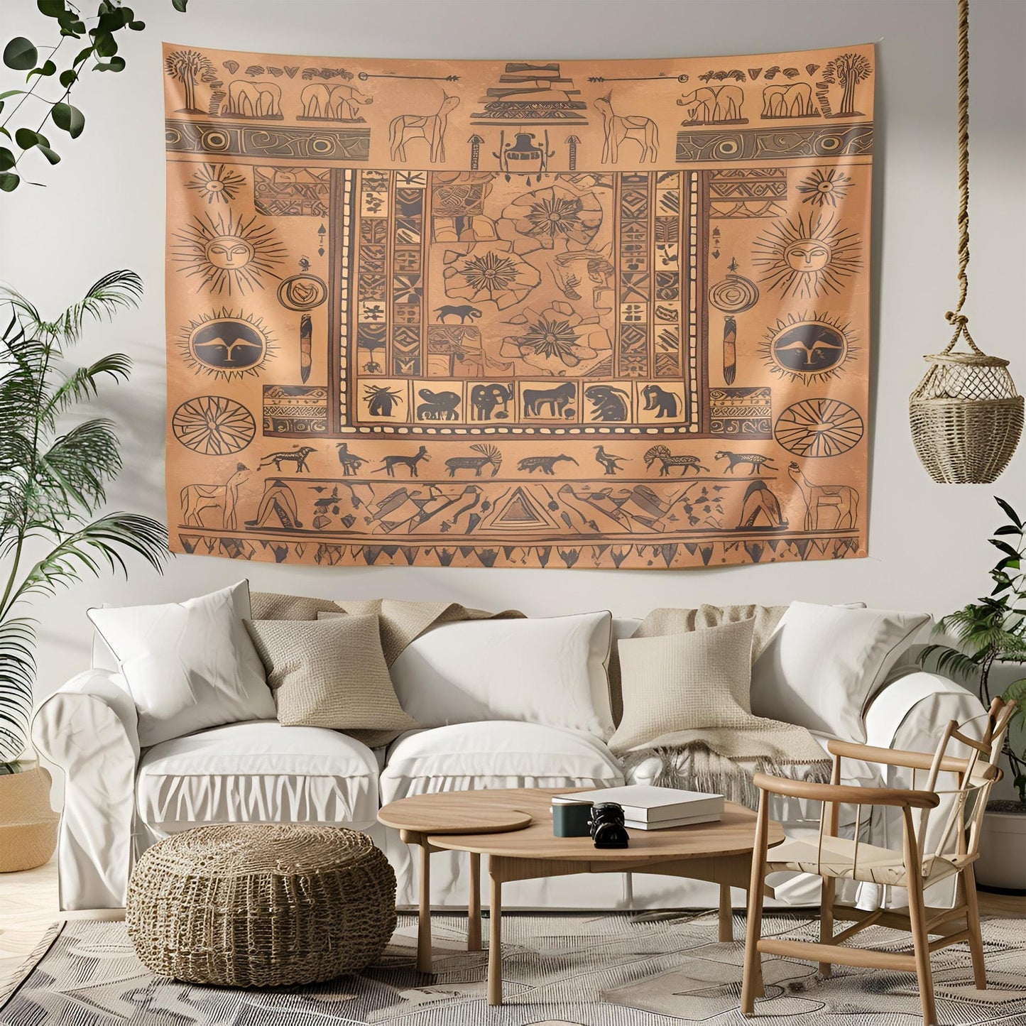 Mystical Tapestry, Ancient Stone Carving Wall Hanging, Sacred Geometric Design, Earthy Sand Tones Decor, Monument Tapestry , Gift for room