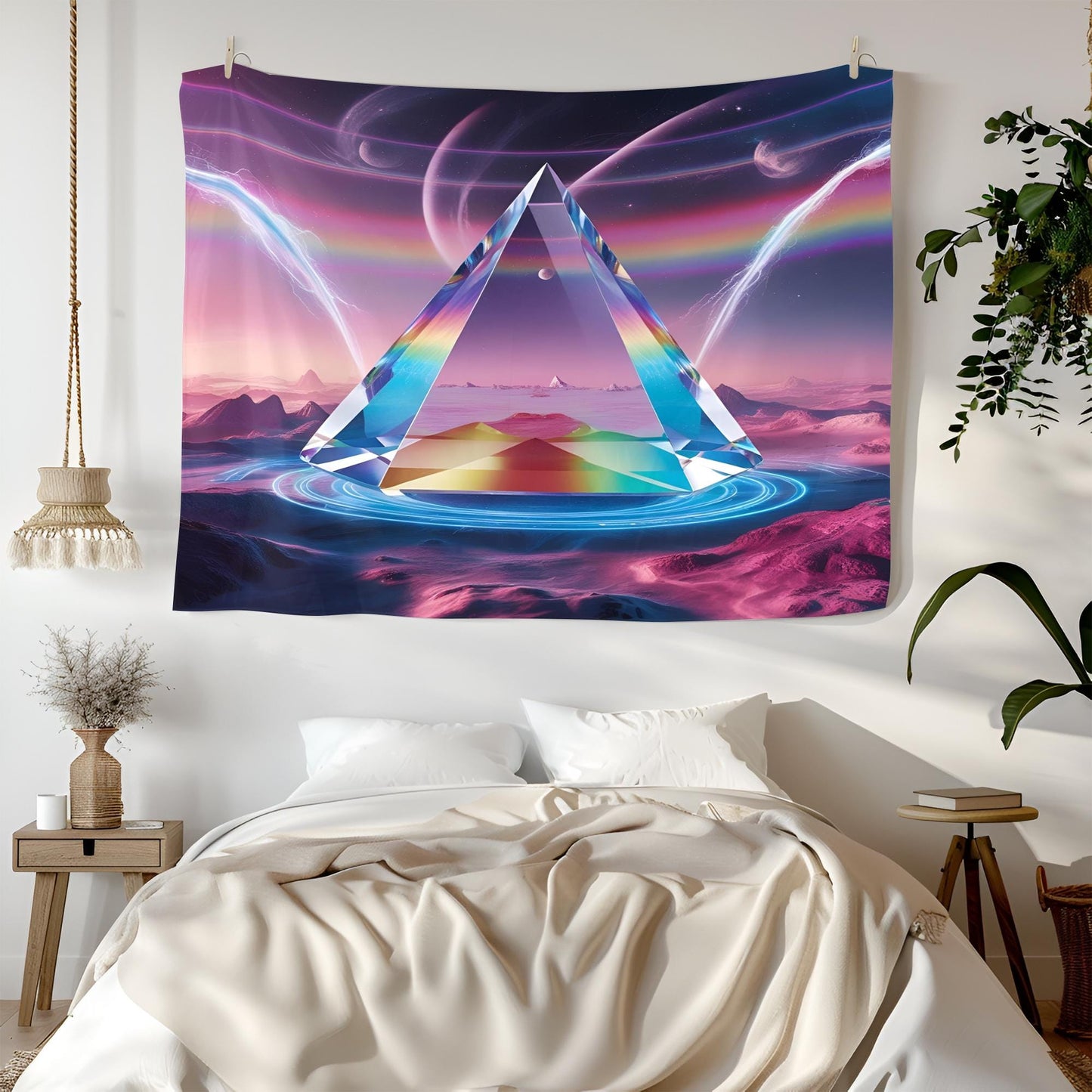 Giant Transparent Crystal Prism Tapestry, Floating in Surreal Dreamscape, Refracting Rainbow Light & Cosmic Energy Waves, Neon Psychedelic