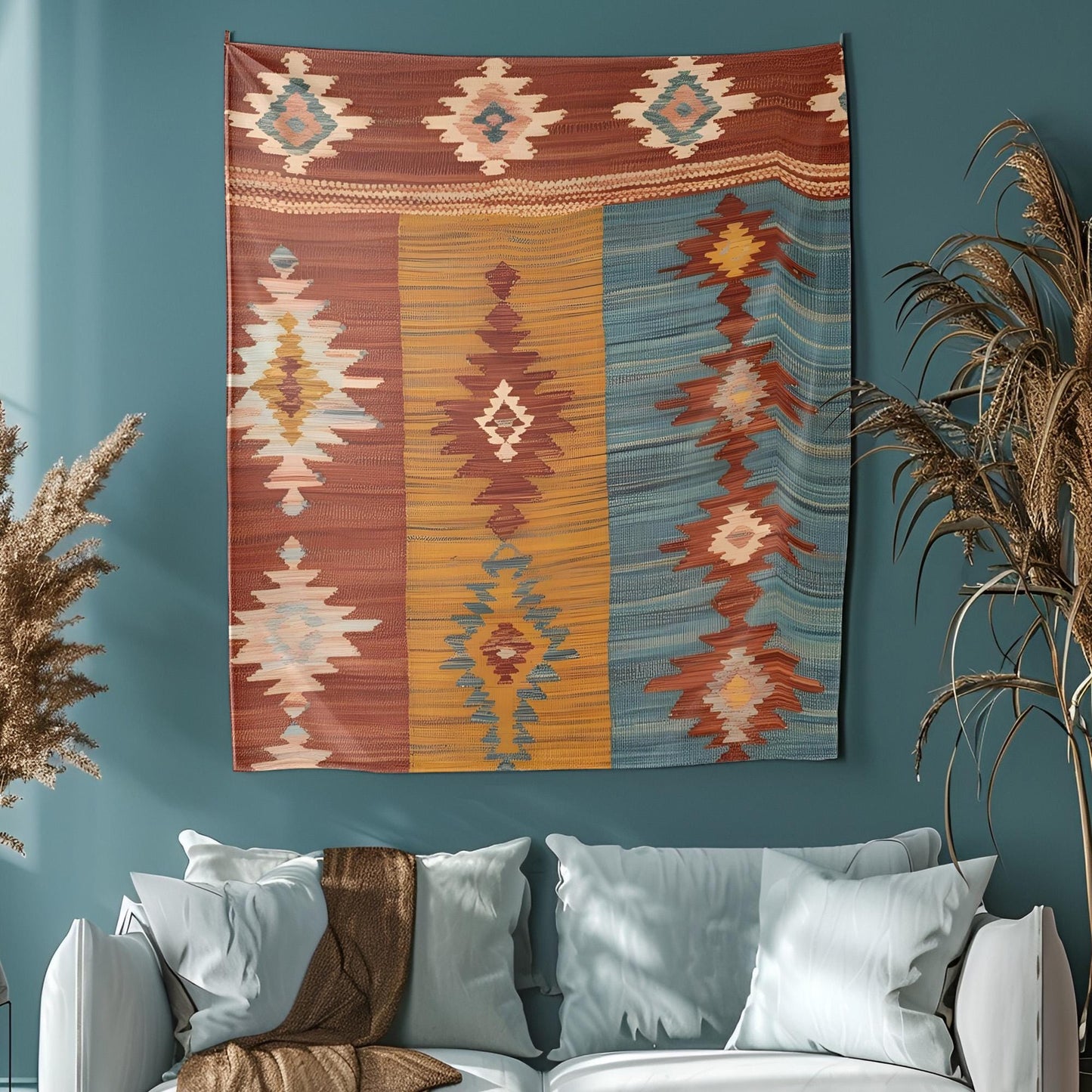 Peaceful Anatolian Kilim Tapestry, Rustic Boho Wall Hanging, Soft Woven Texture Decor, Terracotta Mustard Faded Teal Art, Bohemian Tapestry