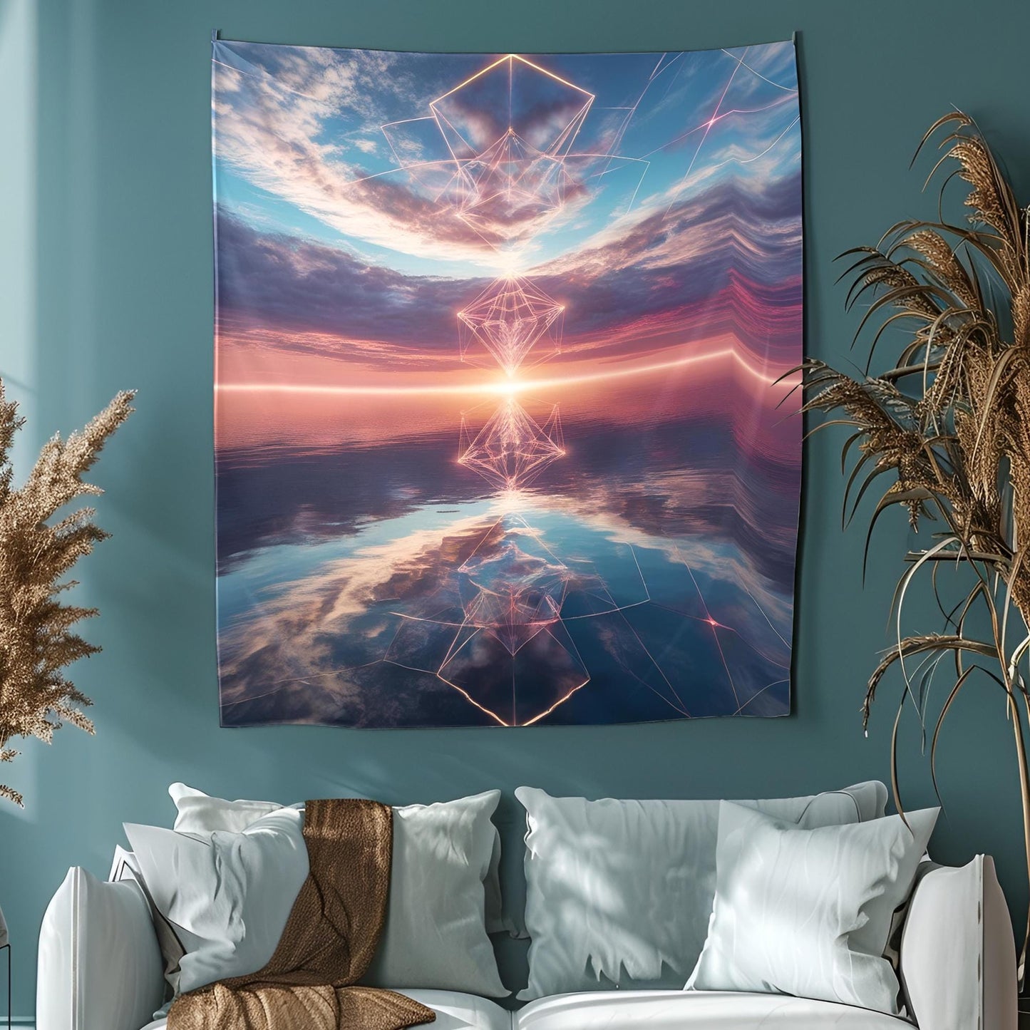 Dreamlike Surreal Ocean Sky Tapestry, Glowing Geometric Patterns, Infinite Reflections of Light & Color, Hypnotic Psychedelic Trippy Art