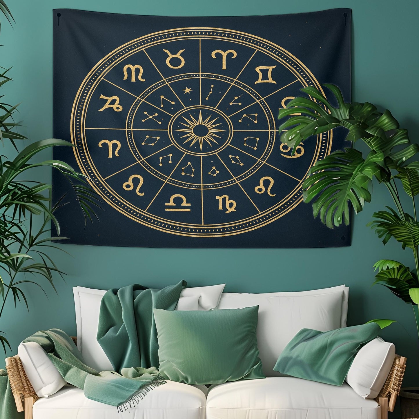Golden Zodiac Sign Tapestry with Astrological Constellations β Boho Celestial Wall Decor for Astrology Enthusiasts and Spiritual Spaces