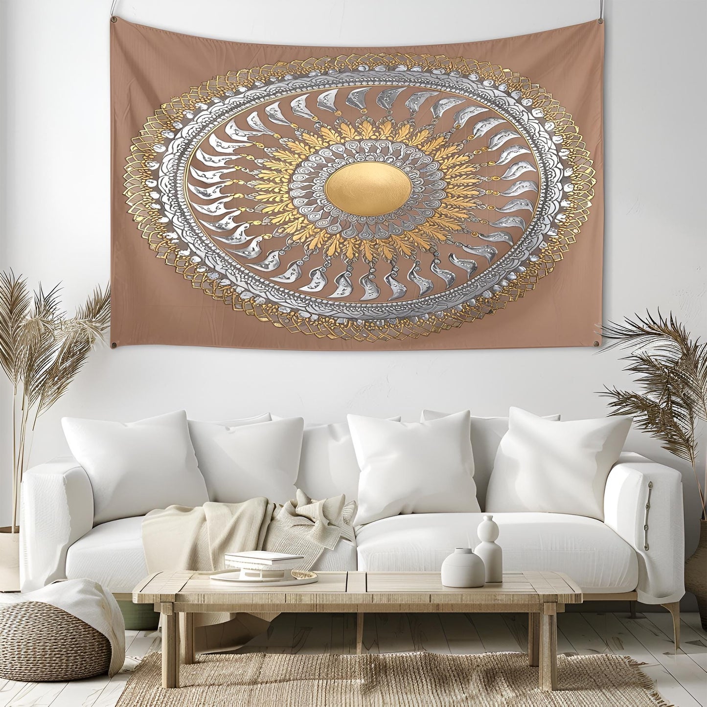Mesmerizing Spiral Mandala Tapestry, Gold & Silver Accents, Perfectly Proportioned Radiating Design, Elegant Framed Geometric Wall Art