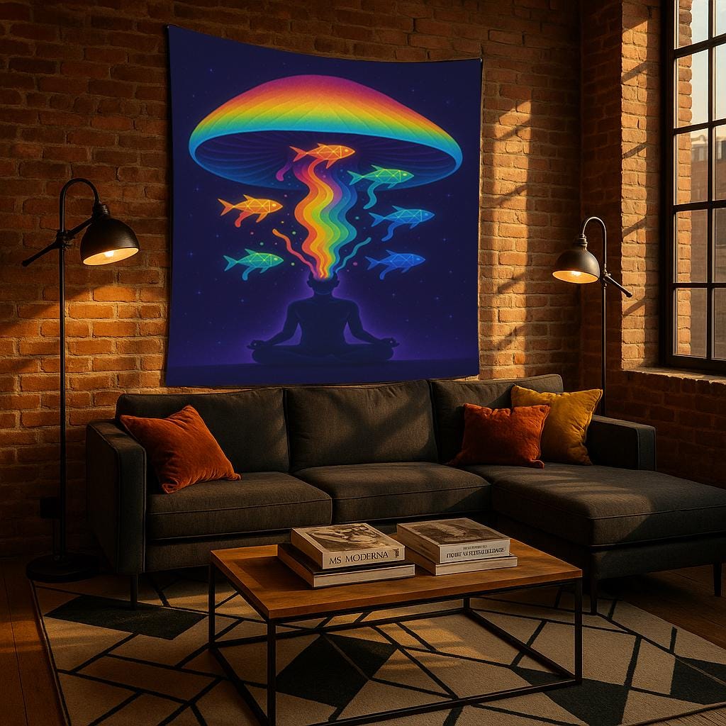 Psychedelic Meditation Tapestry, Rainbow Mind Art, Trippy Wall Decor, Spiritual Room Accent, Boho Visionary Print, Zen Fish Banner