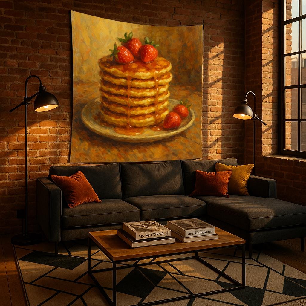Pancake Stack Wall Tapestry with Strawberries and Syrup, Cozy Breakfast Food Art Print for Kitchen, Dining Room or Café Style Wall Decor
