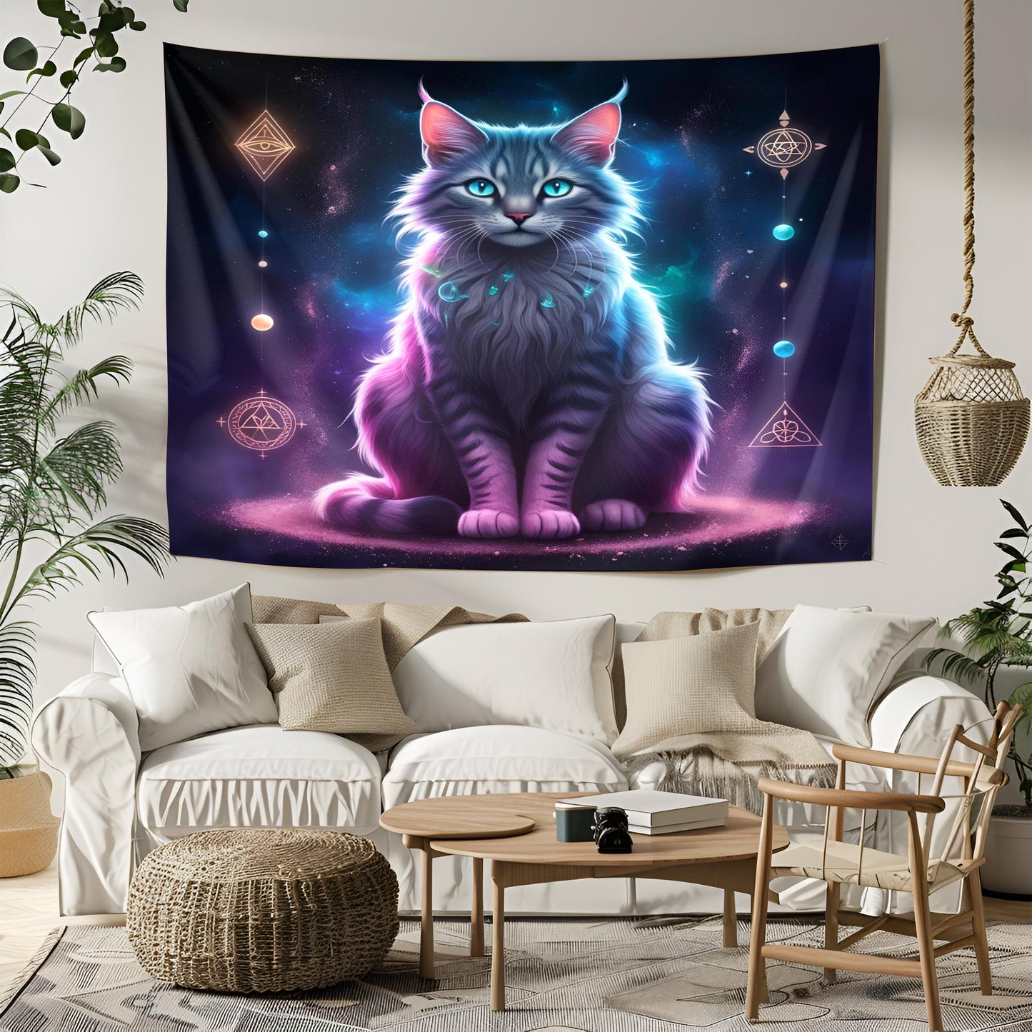 Mystical Three-Eyed Cat Tapestry, Neon Glowing Fur Art, Sacred Symbols & Cosmic Dreamscape, Trippy Psychedelic Decor , Cat Psychedelic