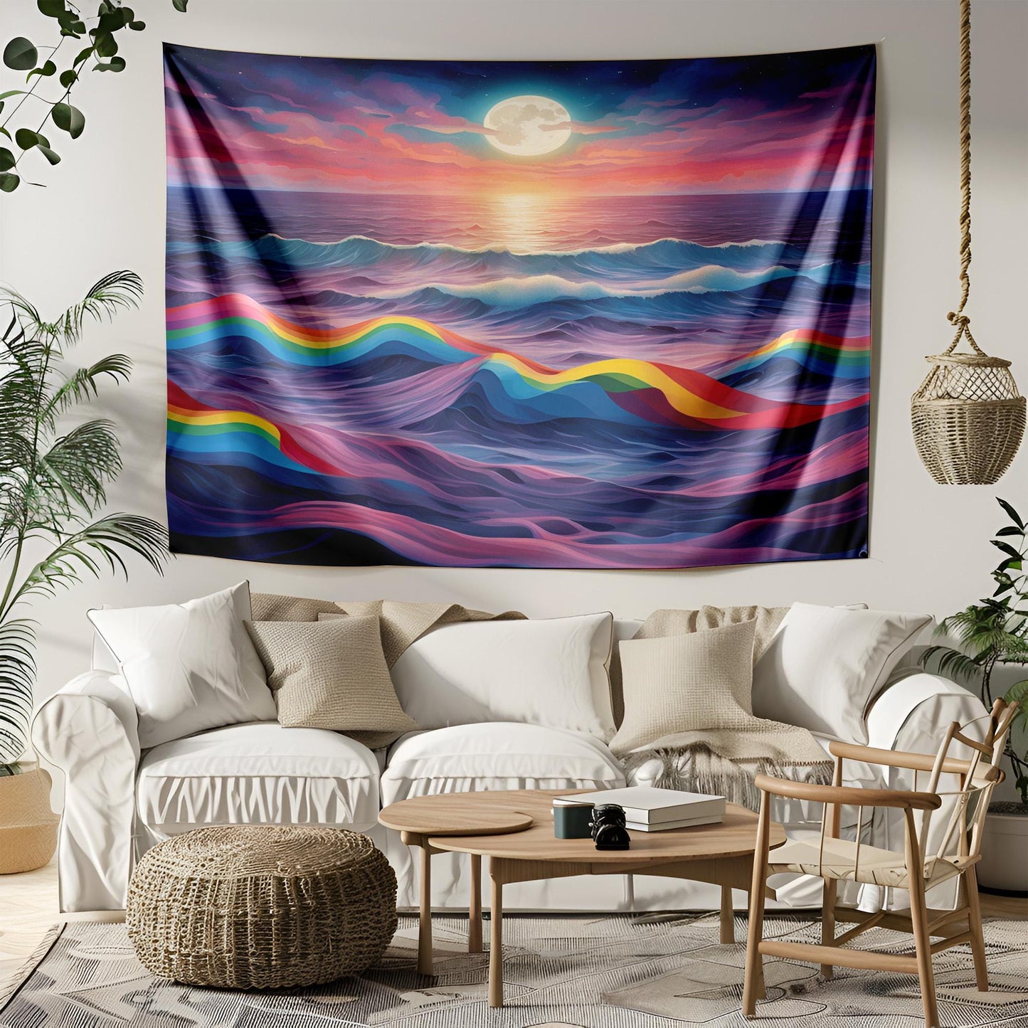 Surreal Rainbow Ocean Tapestry - LGBT Pride Wall Hanging - Dreamy Moonlit Sea Waves - Colorful Aesthetic Room Decor - LGBT Gift