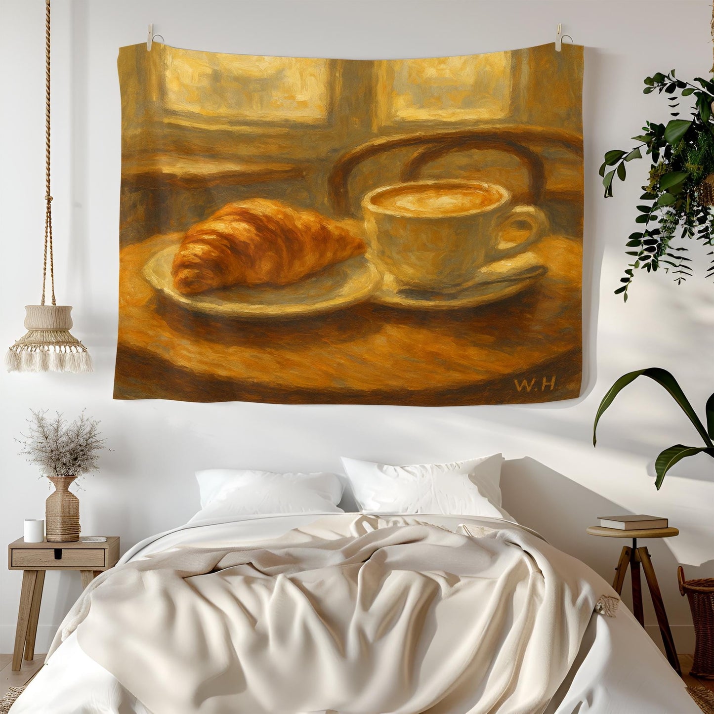 French Breakfast Tapestry Wall Art, Croissant and Coffee Painting Style Print, Cozy Kitchen Cafe Decor for Dining Room or Breakfast Nook