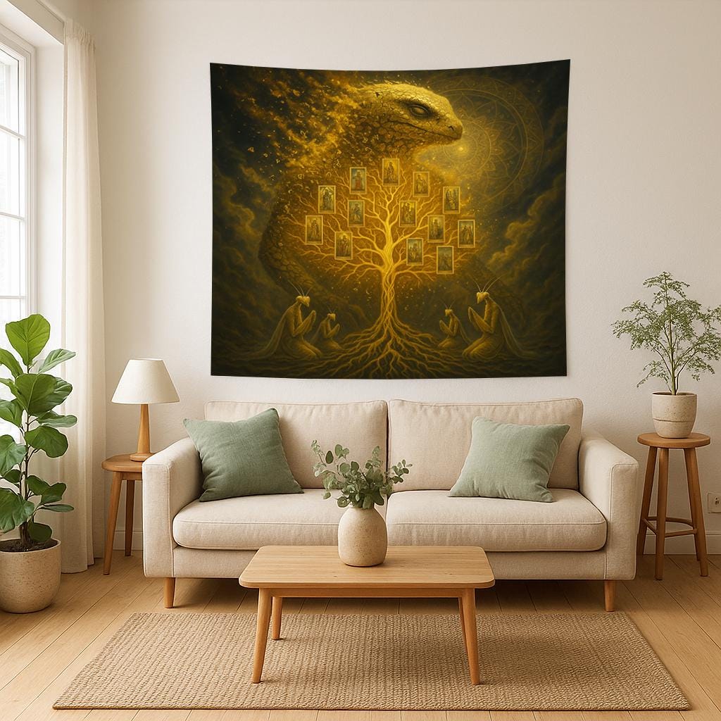 Golden Tree Tapestry – Visionary Reptilian Wall Art, Fantasy Ancestral Tree Decor, Psychedelic Alien Gods Tapestry, Spiritual Dream Art