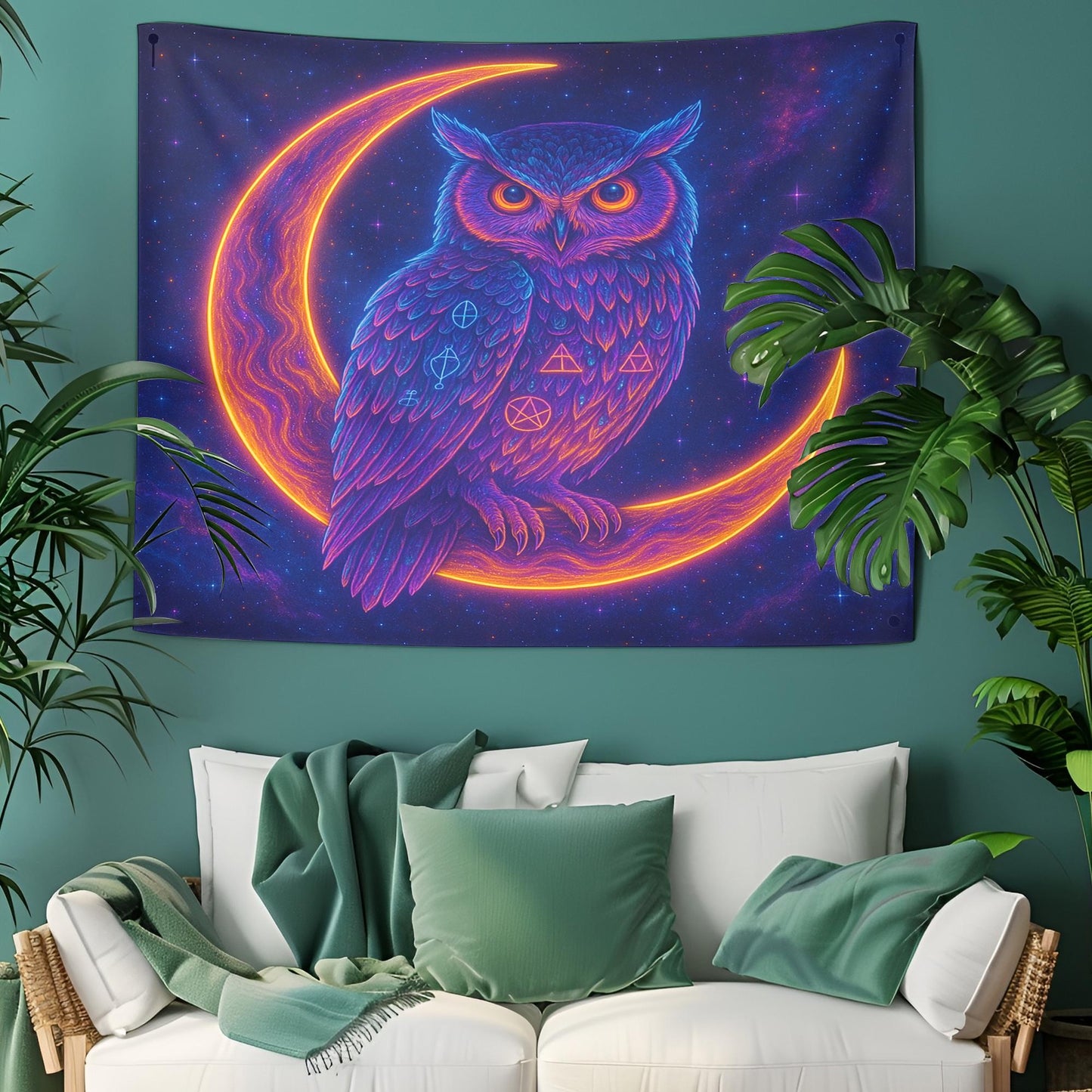 Neon Owl On Crescent Moon Tapestry, Color Shifting Feathers With Sacred Symbols, Celestial Cosmic Wall Art, Trippy Gift For Her Or Him