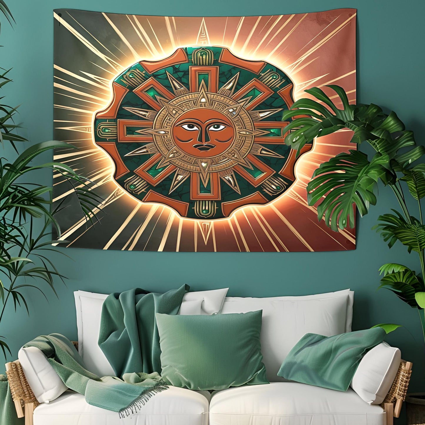 Aztec Sun Stone Tapestry with Intricate Symbols, Tribal Jaguar Motifs & Geometric Lines in Terracotta, Gold Dark Green Tones