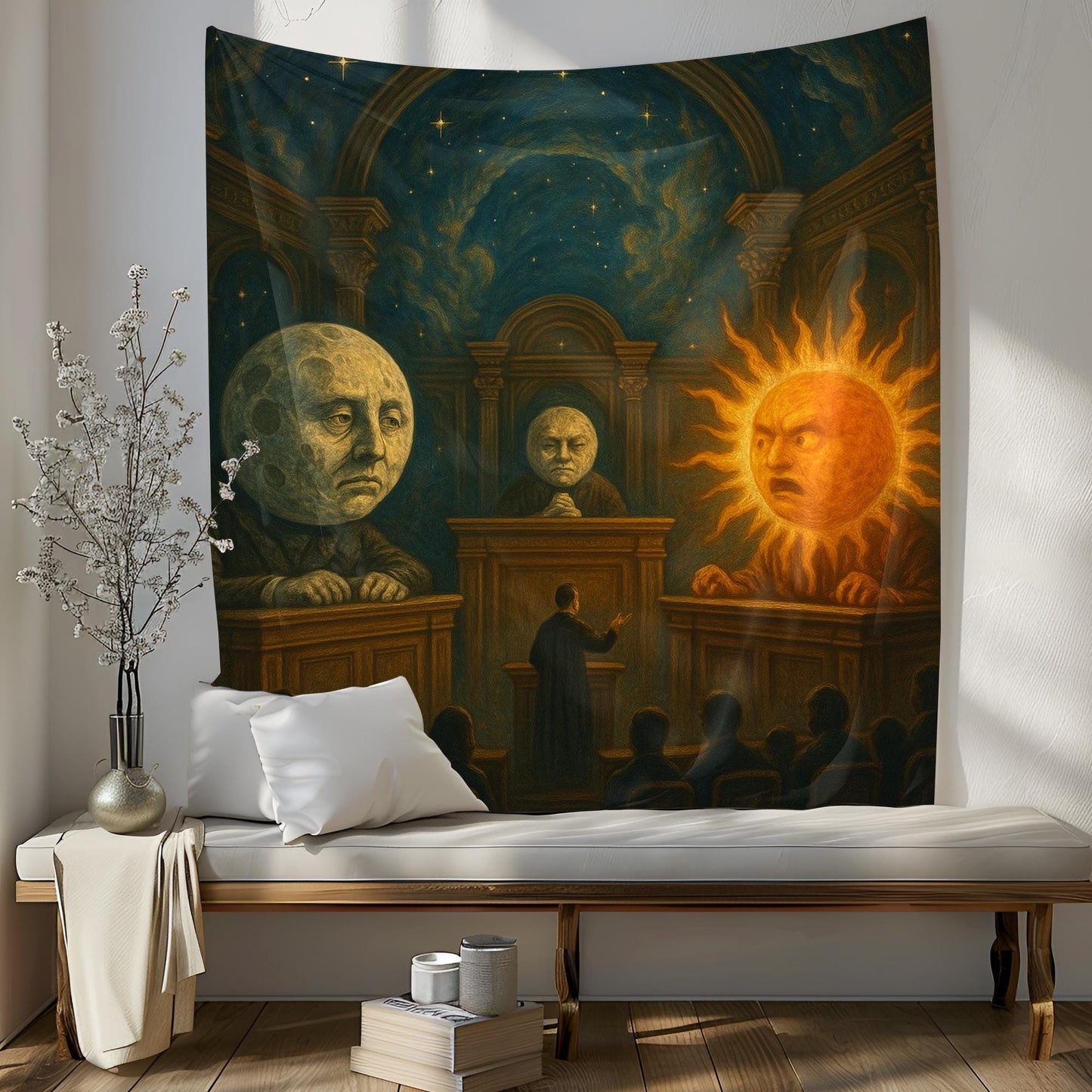 Sun And Moon Courtroom Tapestry, Surreal Cosmic Wall Art, Funny Outer Space Decor, Galaxy Trial Scene, Gift For Astronomy Or Art Lovers