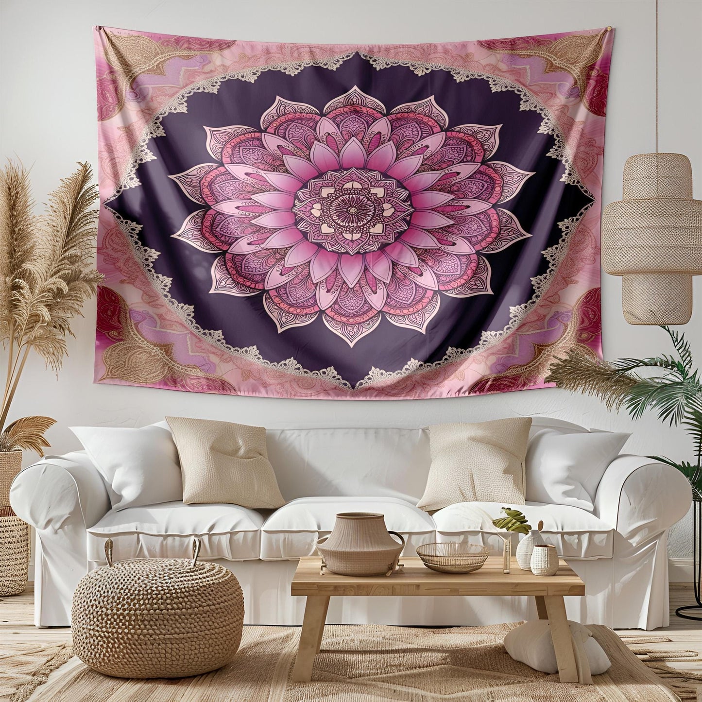 Bohemian Lotus Flower Mandala Tapestry, Intricate Paisley and Geometric Wall Hanging, Lace Inspired Pink Purple Gold Home Decor