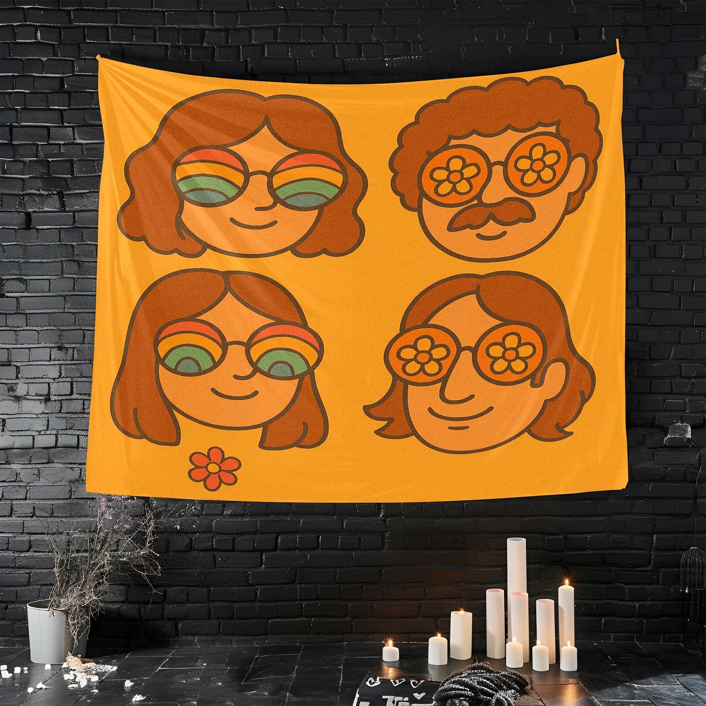 Retro Faces Tapestry With Rainbow Sunglasses, 70s Hand Drawn Cartoon Style, Warm Minimal Background, Groovy Wall Art, Gift For Her
