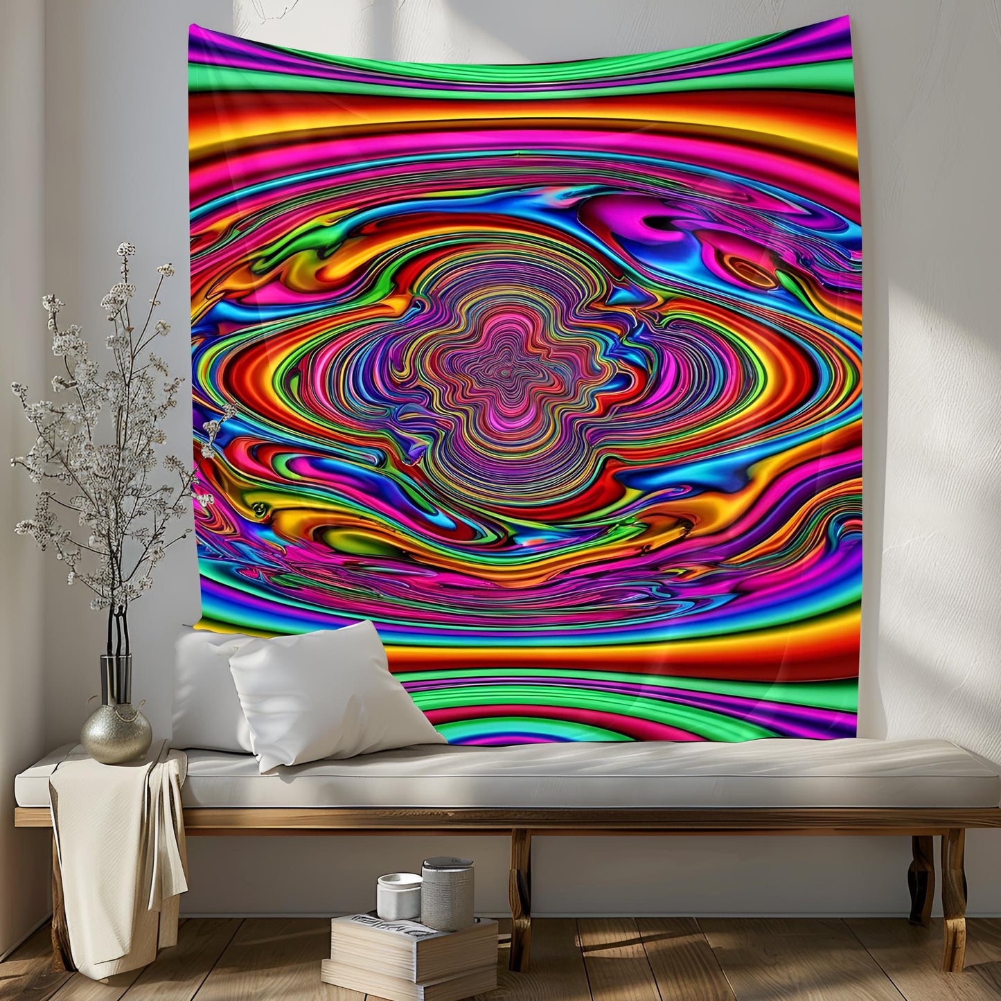Liquid Swirling Neon Landscape Tapestry, Infinite Reflections & Shifting Patterns, Trippy Optical Illusion Psychedelic Mind-Bending Art