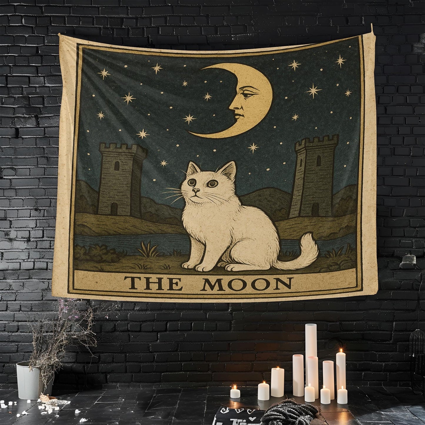 The Moon Cat Tapestry – Tarot Style Wall Art, Mystical Cat Wall Hanging, Celestial Gothic Decor for Bedroom or Meditation Space