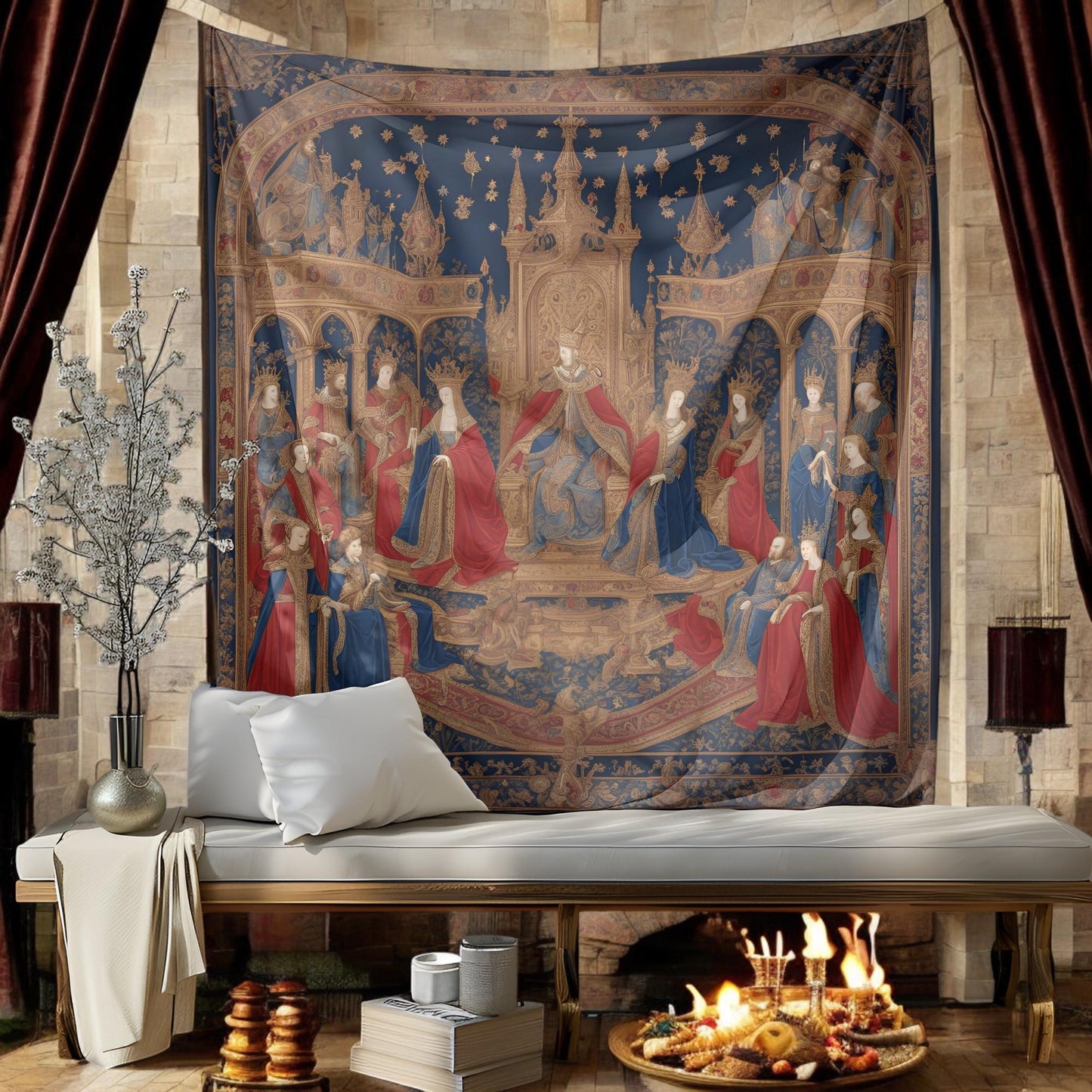 Medieval Royal Tapestry - King and Queen Sitting on Golden Thrones - Gothic Wall Hanging - Renaissance Home Decor - Castle-Inspired Art
