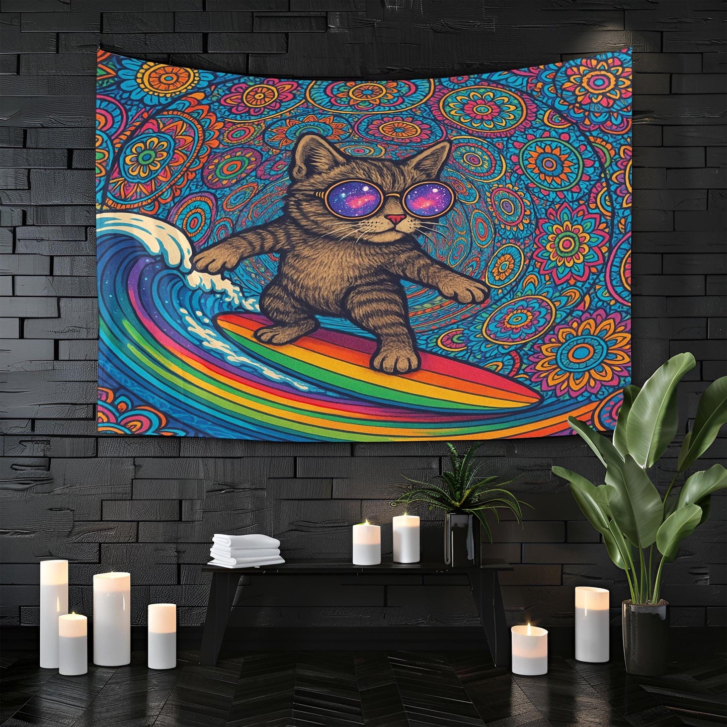 Psychedelic Surfing Cat Wall Tapestry, Trippy Rainbow Surfboard Art with Cool Kitten in Sunglasses, Fun Boho Decor for Dorm or Bedroom