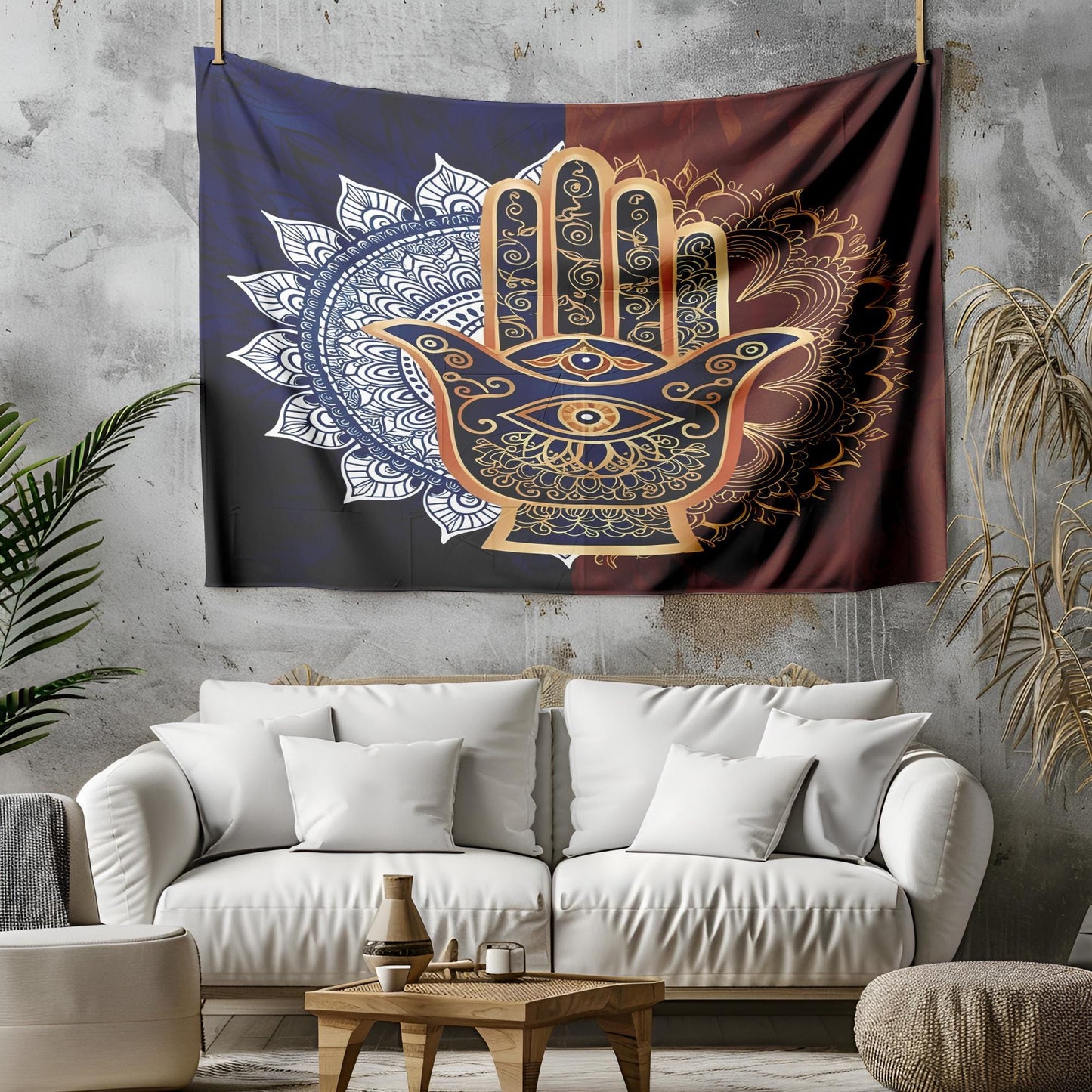 Mystical Hamsa Hand Mandala Tapestry, Indian Spiritual Wall Hanging, Deep Blue Gold Terracotta Boho Decor, Protective Eye Design