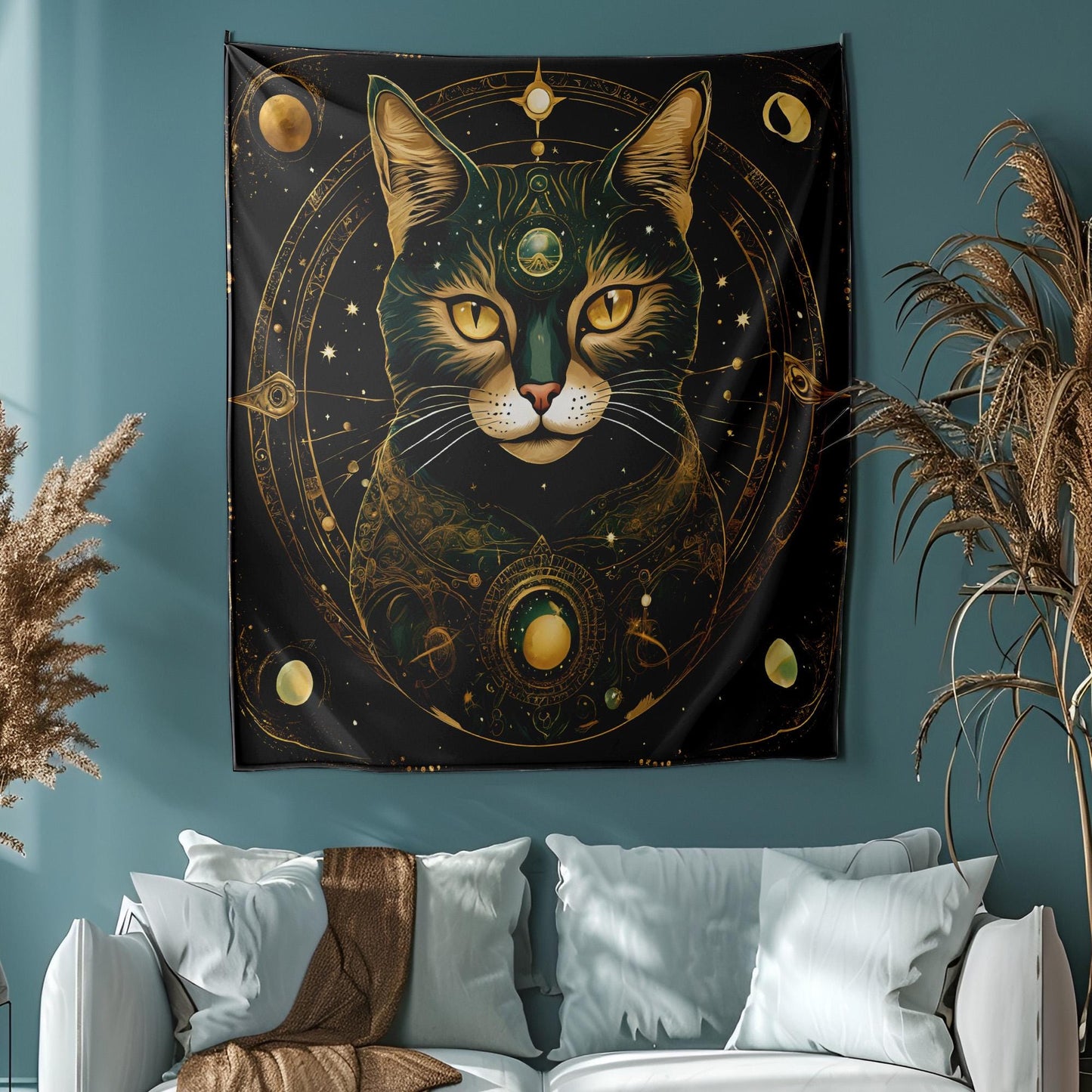 Mystical Third Eye Cat Tapestry - Celestial Astrology Wall Hanging - Cosmic Feline Decor - Witchy Home Art - Occult & Spiritual Tapestry
