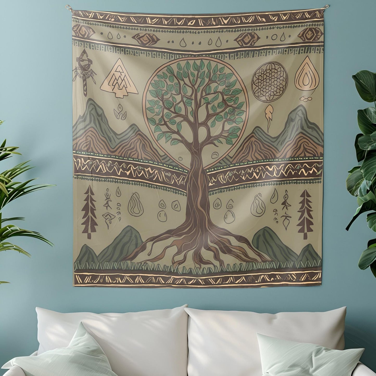 Shamanistic Tree of Life Tapestry, Spiritual Symbol Wall Art, Earthy Green Muted Brown Decor, Nomadic Mountain Water Motifs, Room Tapestry