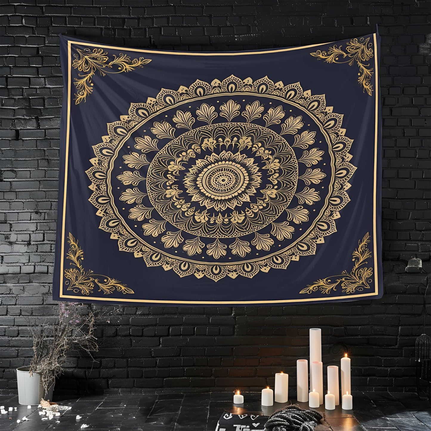 Centered Golden Mandala Tapestry, Intricate Floral & Geometric Details, Dark Navy Framed Symmetrical Design, Elegant Boho Wall Art