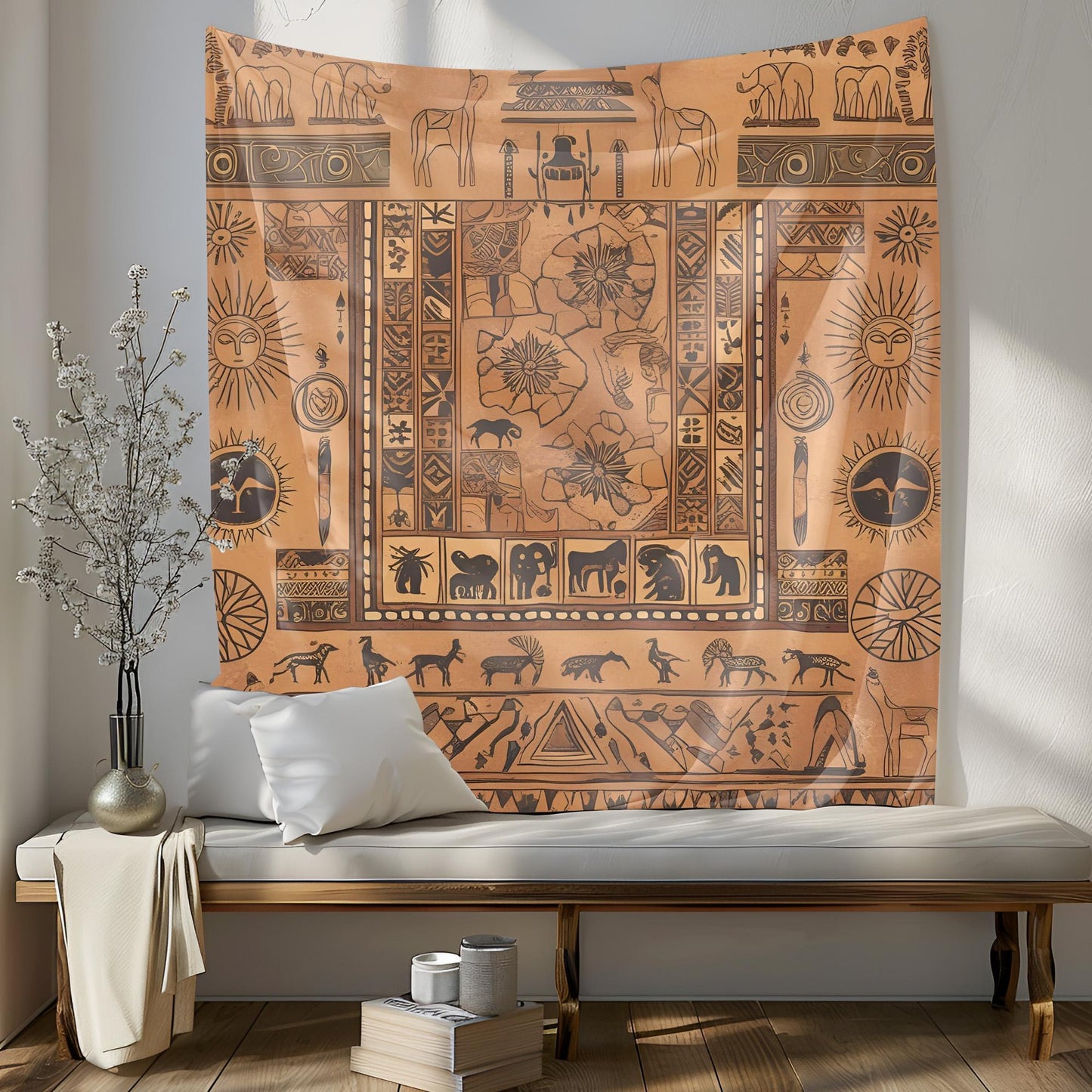 Mystical Tapestry, Ancient Stone Carving Wall Hanging, Sacred Geometric Design, Earthy Sand Tones Decor, Monument Tapestry , Gift for room