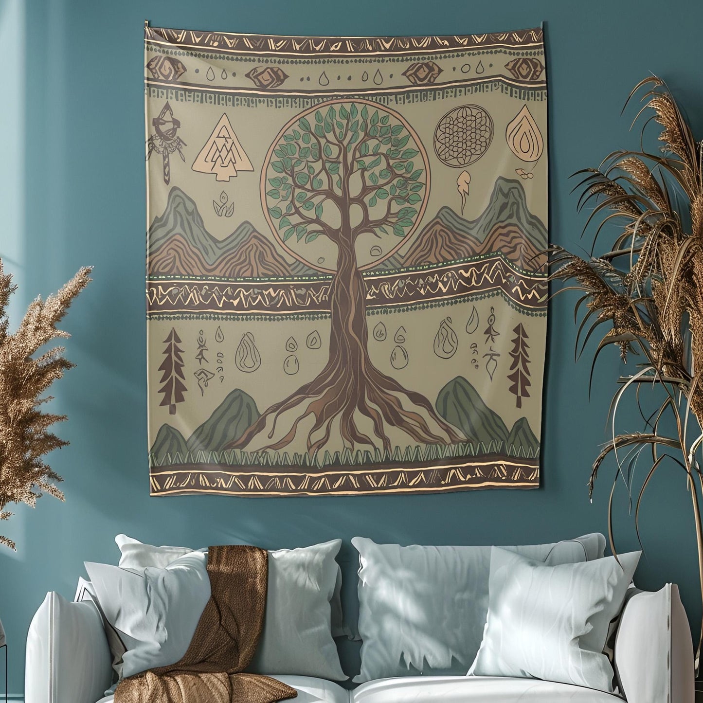 Shamanistic Tree of Life Tapestry, Spiritual Symbol Wall Art, Earthy Green Muted Brown Decor, Nomadic Mountain Water Motifs, Room Tapestry