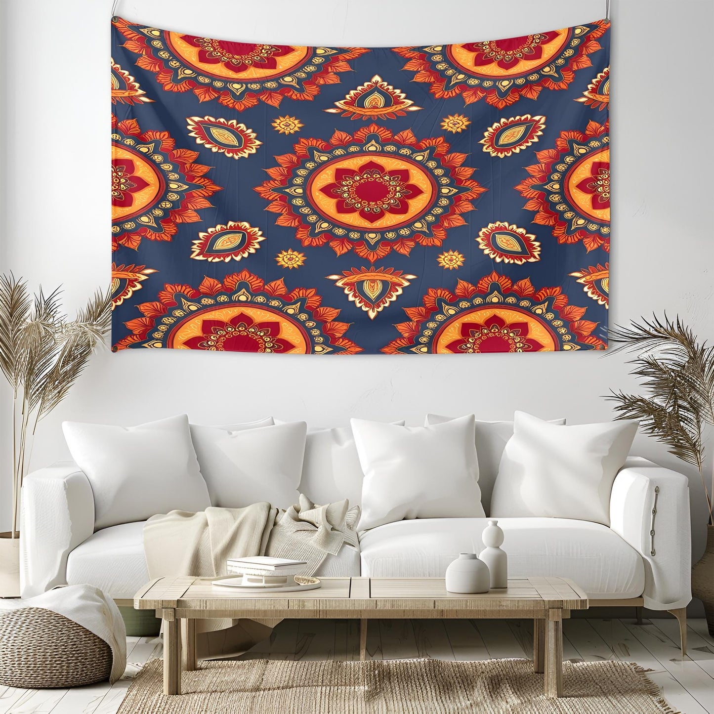 Seamless Indian Mandala Pattern Tapestry, Deep Red Orange Gold Symmetrical Design on Dark Blue, Traditional Boho Decorative Wall Art