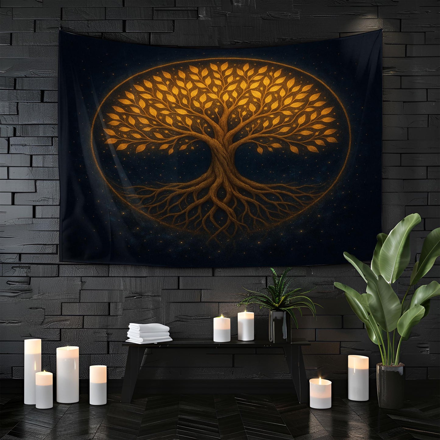 Golden Tree of Life Wall Tapestry, Mystical Night Forest Design, Boho Spiritual Wall Hanging for Bedroom, Living Room or Meditation Decor