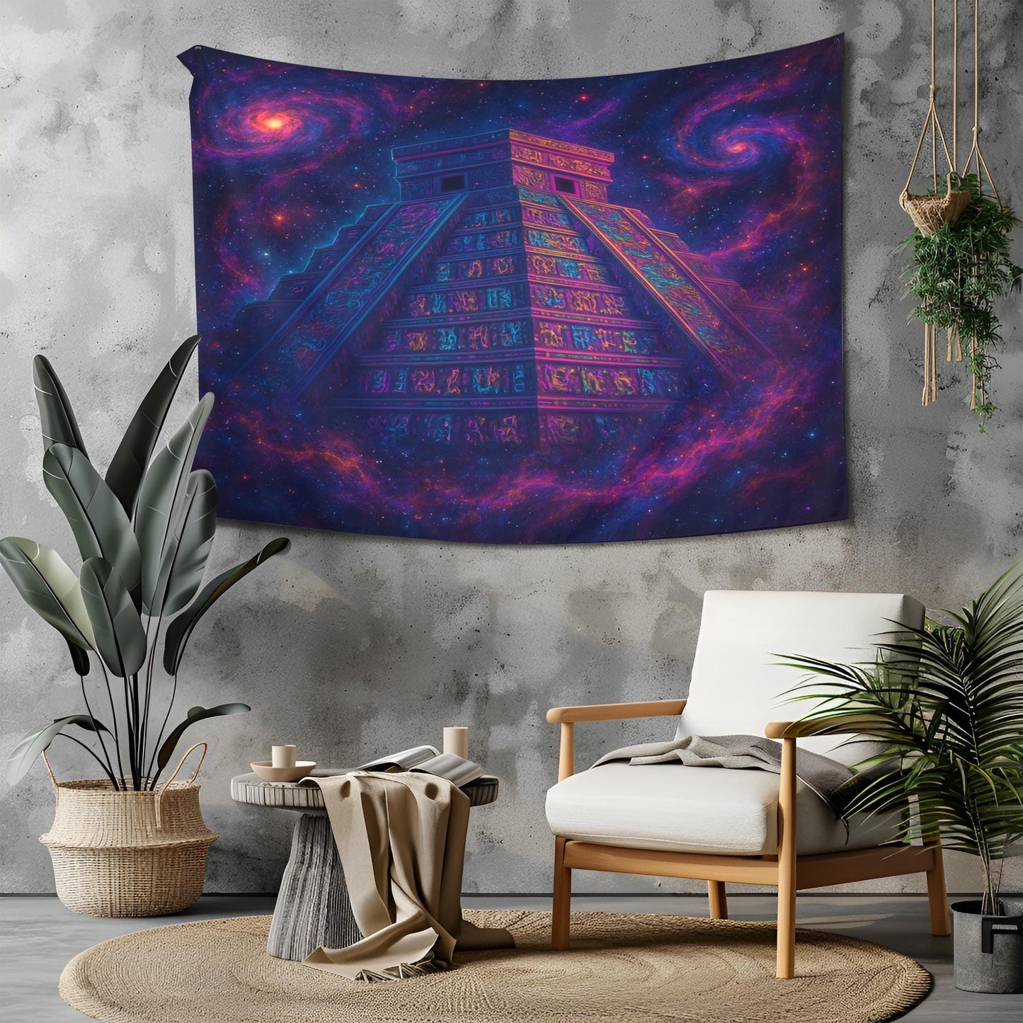 Ancient Space Temple Tapestry, Neon Hieroglyph Wall Art With Galaxies And Cosmic Dust, Trippy Psychedelic Decor, Gift For Him Or Her
