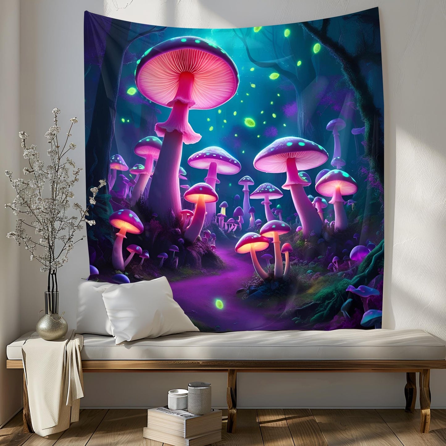 Bioluminescent Mushroom Forest Tapestry, Glowing Neon Spore Art, Fantasy Psychedelic Wall Hanging, Dreamy Purple Blue Green Decor,