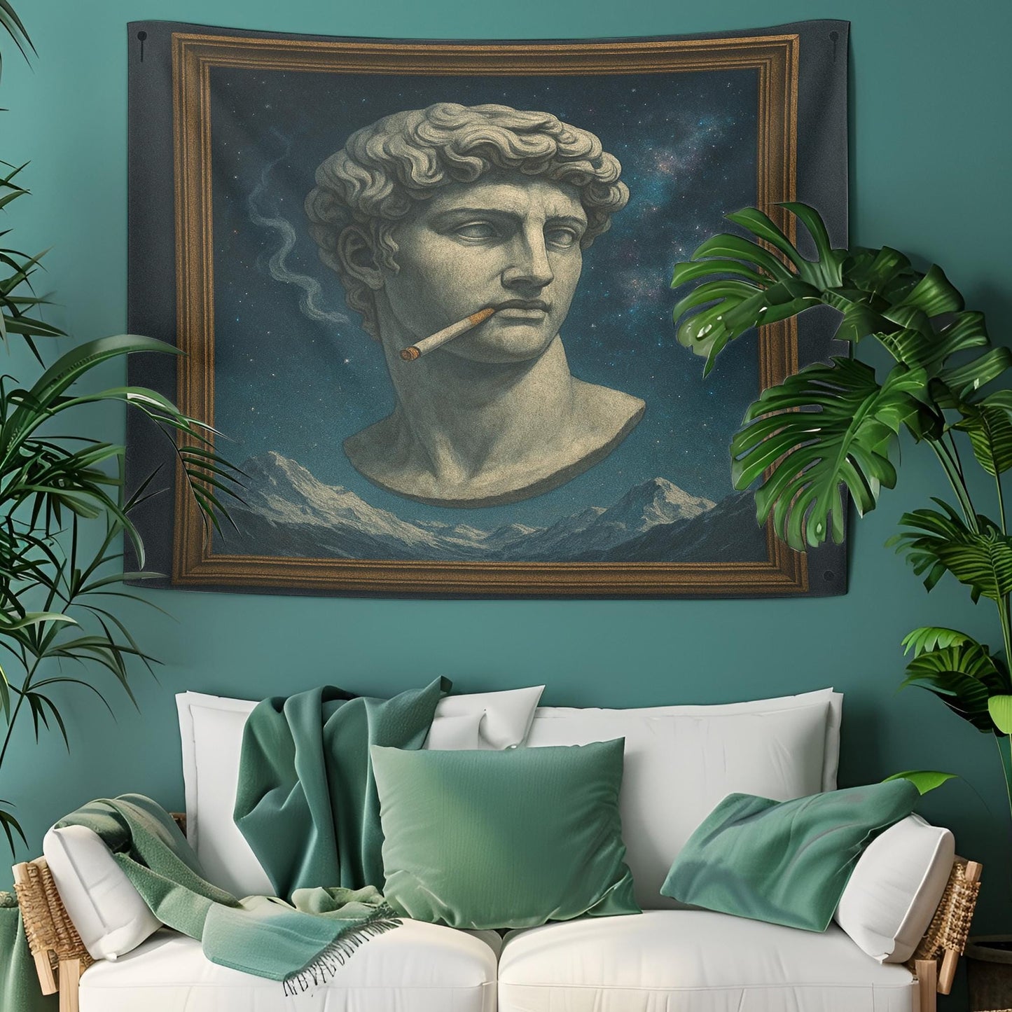 Greek Statue Smoking In Space Tapestry, Framed Art With Cosmic Sky And Mountain Merge, Surreal Retro Aesthetic Wall Art, Gift For Him Or Her