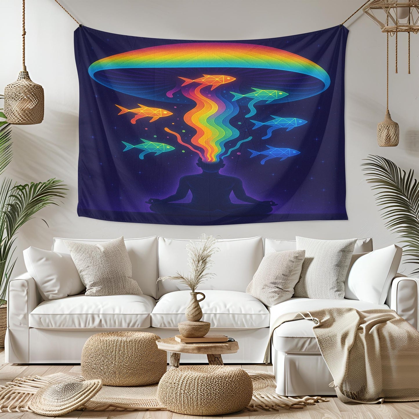 Psychedelic Meditation Tapestry, Rainbow Mind Art, Trippy Wall Decor, Spiritual Room Accent, Boho Visionary Print, Zen Fish Banner