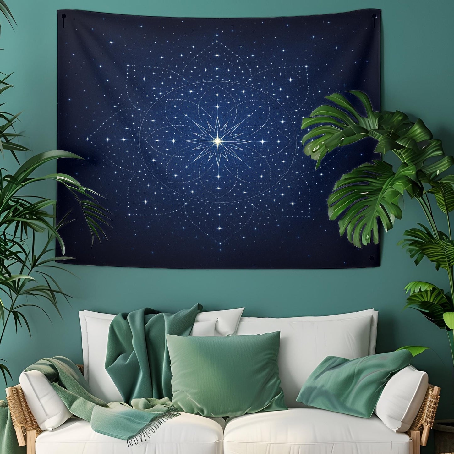 Mystical Star Mandala Wall Tapestry with Cosmic Night Sky Design – Deep Blue Celestial Wall Art for Spiritual Meditation or Boho Décor
