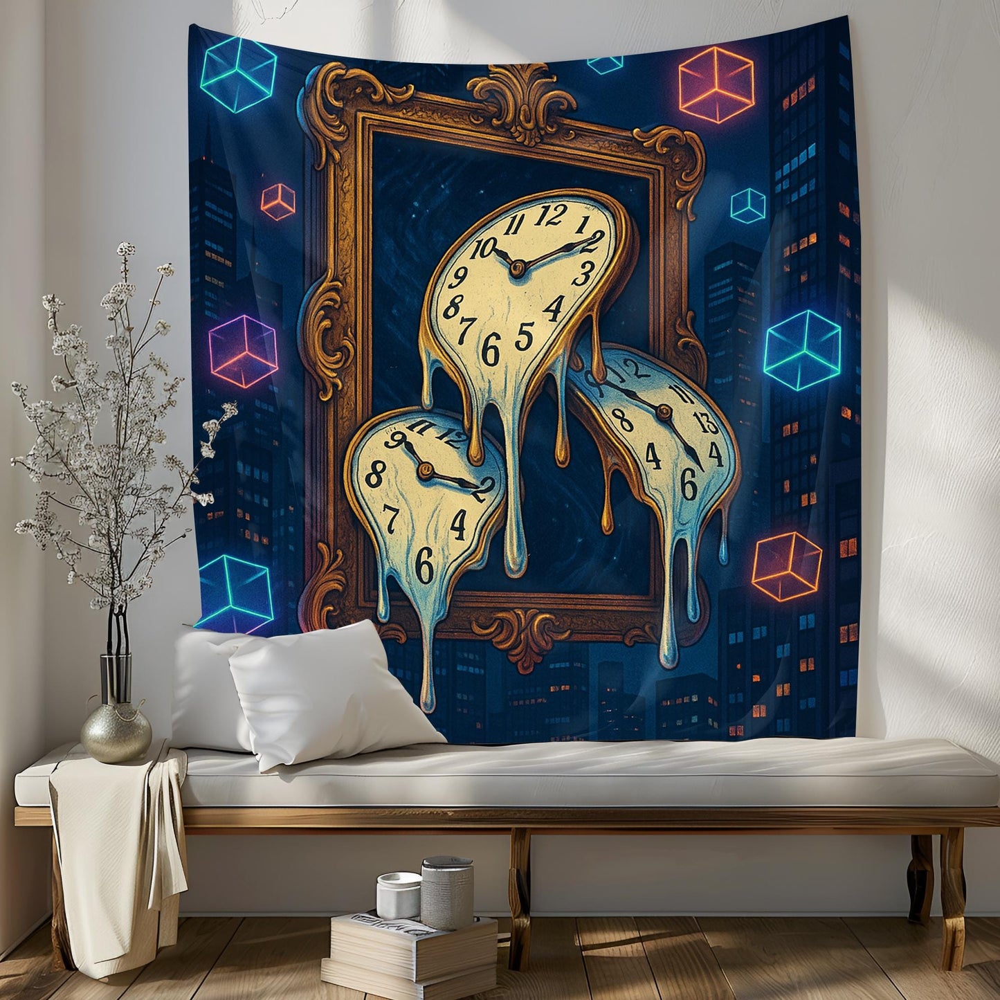 Melting Clocks Tapestry With Floating Neon Cubes, Surreal Cityscape Wall Art, Ornate Frame Time Warp Design, Trippy Gift For Him Or Her