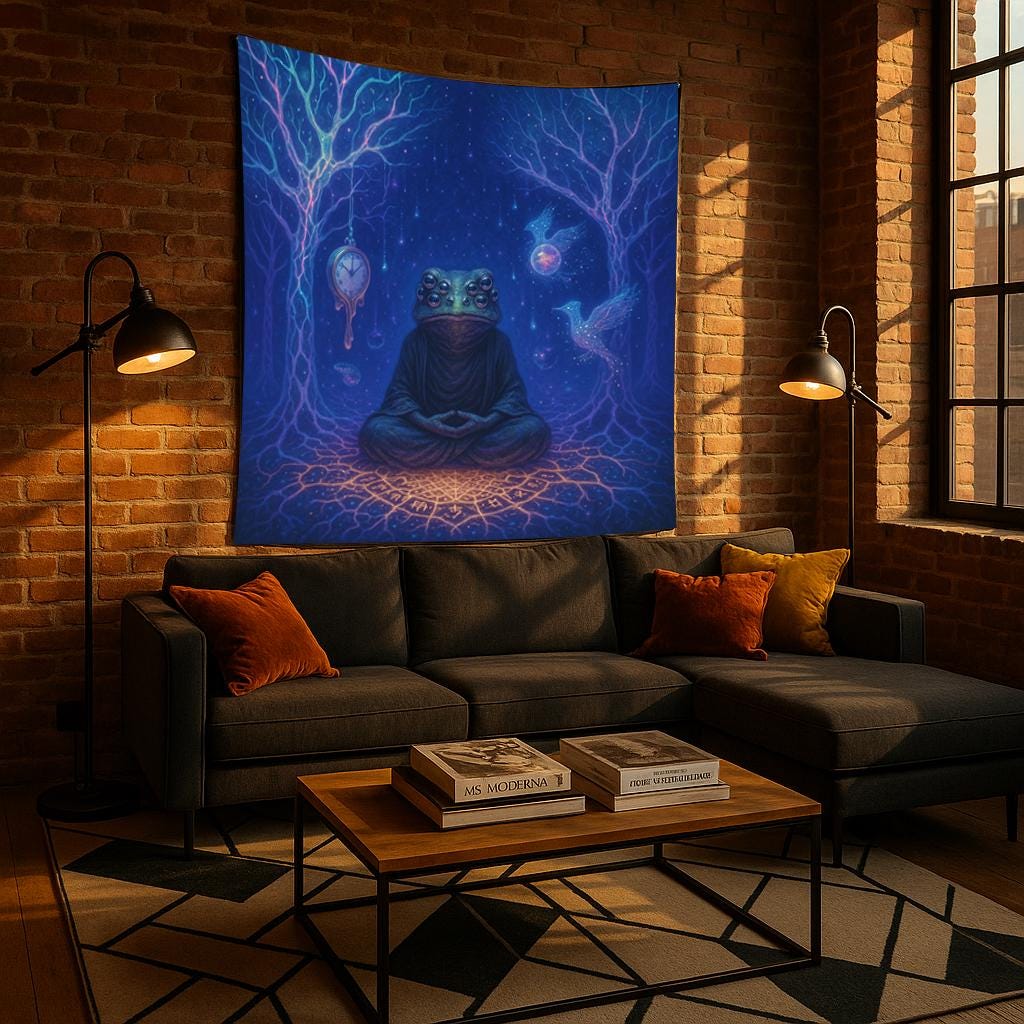 Psychedelic Frog Tapestry β Trippy Meditating Creature Wall Art, Surreal Time and Space Decor, Cosmic Boho Tapestry, Mystical Visionary