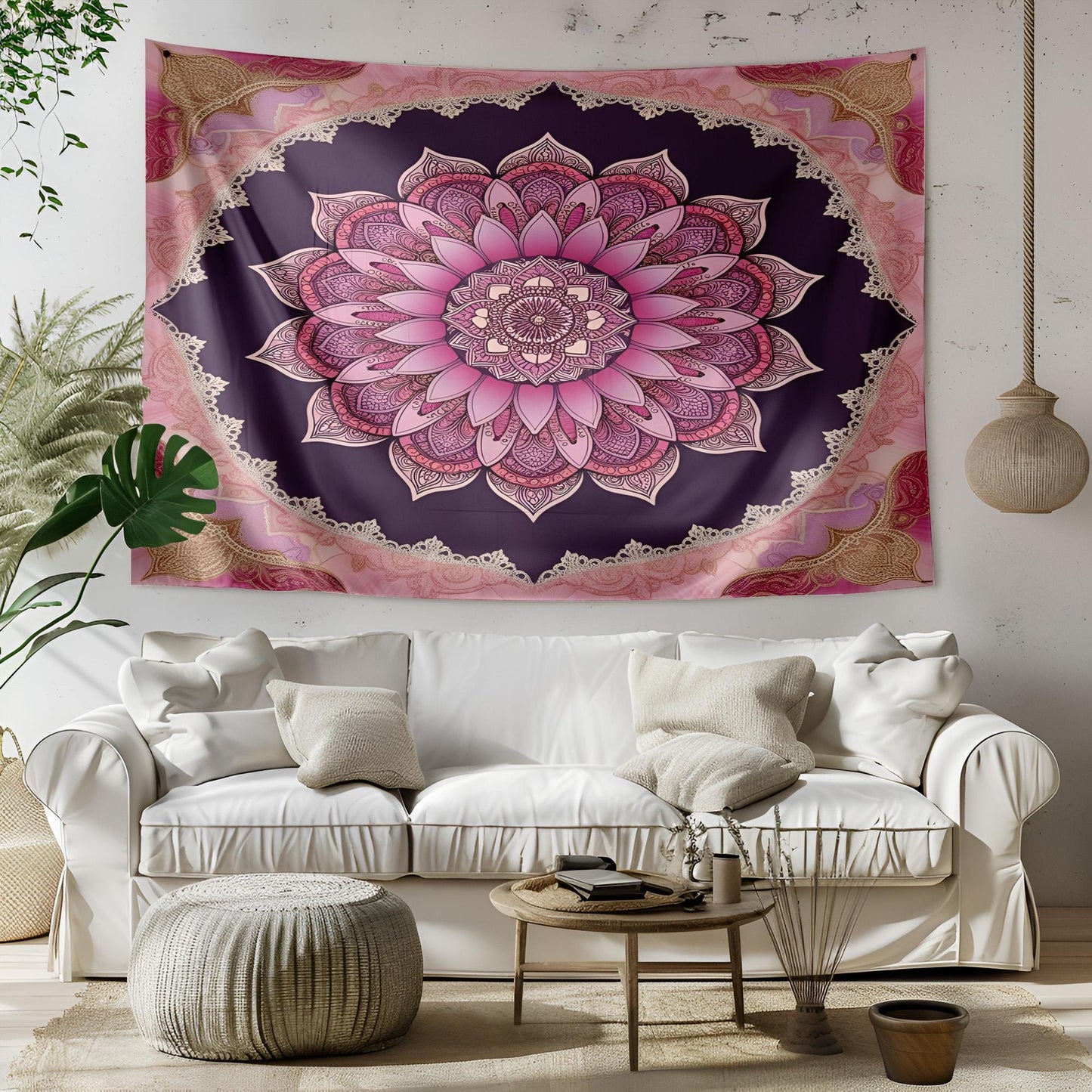 Bohemian Lotus Flower Mandala Tapestry, Intricate Paisley and Geometric Wall Hanging, Lace Inspired Pink Purple Gold Home Decor