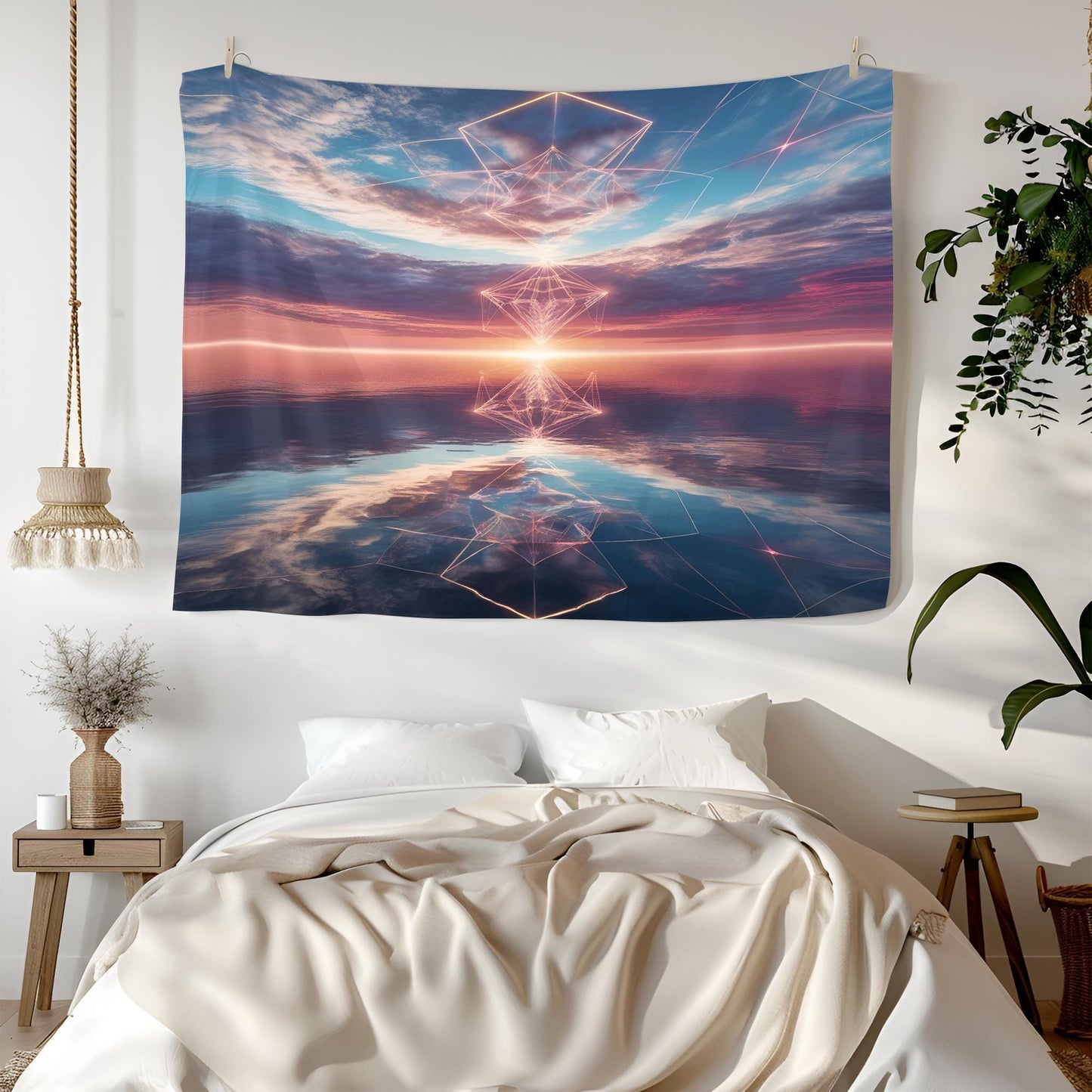 Dreamlike Surreal Ocean Sky Tapestry, Glowing Geometric Patterns, Infinite Reflections of Light & Color, Hypnotic Psychedelic Trippy Art