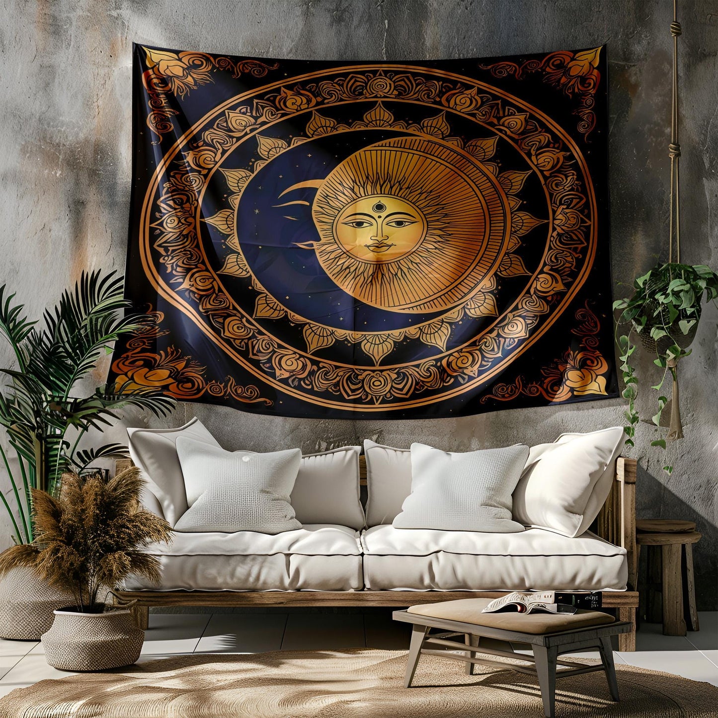Indian Mandala Tapestry Wall Hanging, Celestial Sun Moon Decor, Spiritual Meditation Room Art, Yoga Wall Decor, Astrology Bedroom Tapestry